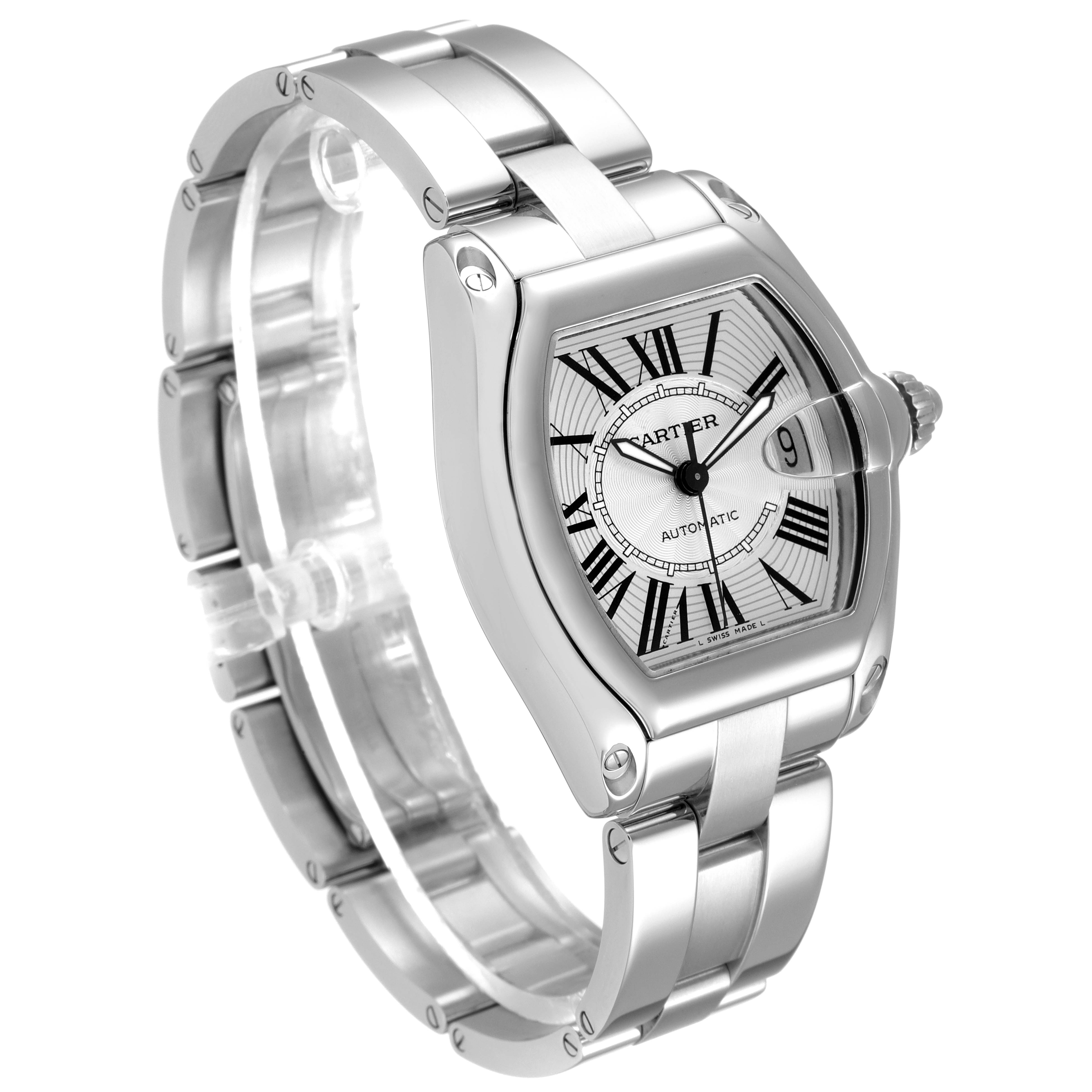 The image shows a side-angle view of a Cartier Roadster W62025V3 Men's Stainless Steel Silver Dial W62025V3 Men's Stainless Steel Silver Dial watch, highlighting the face, bracelet, and crown.