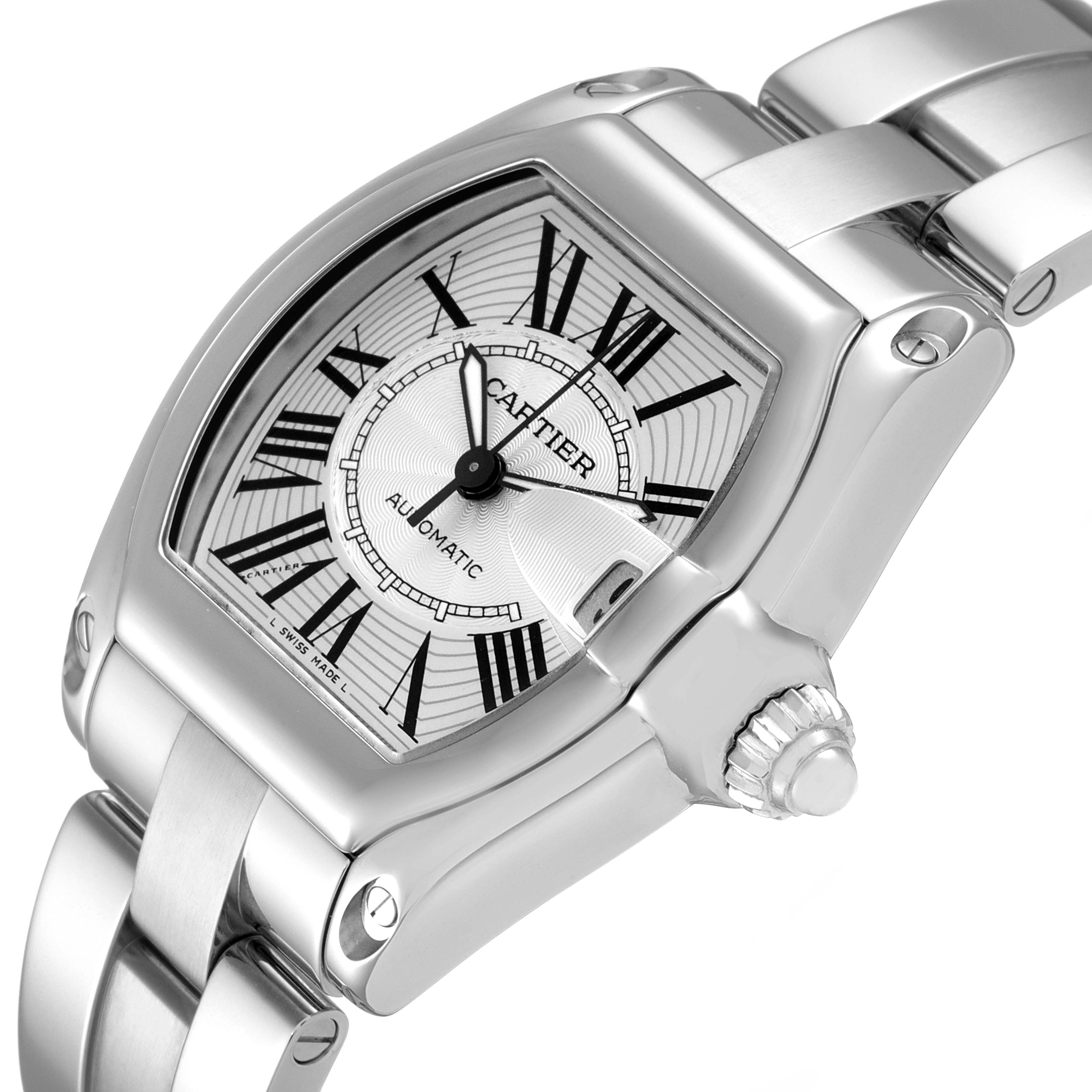 The Cartier Roadster W62025V3 Men's Stainless Steel Silver Dial W62025V3 Men's Stainless Steel Silver Dial watch is shown at a three-quarter angle, displaying its dial, crown, and part of the bracelet.