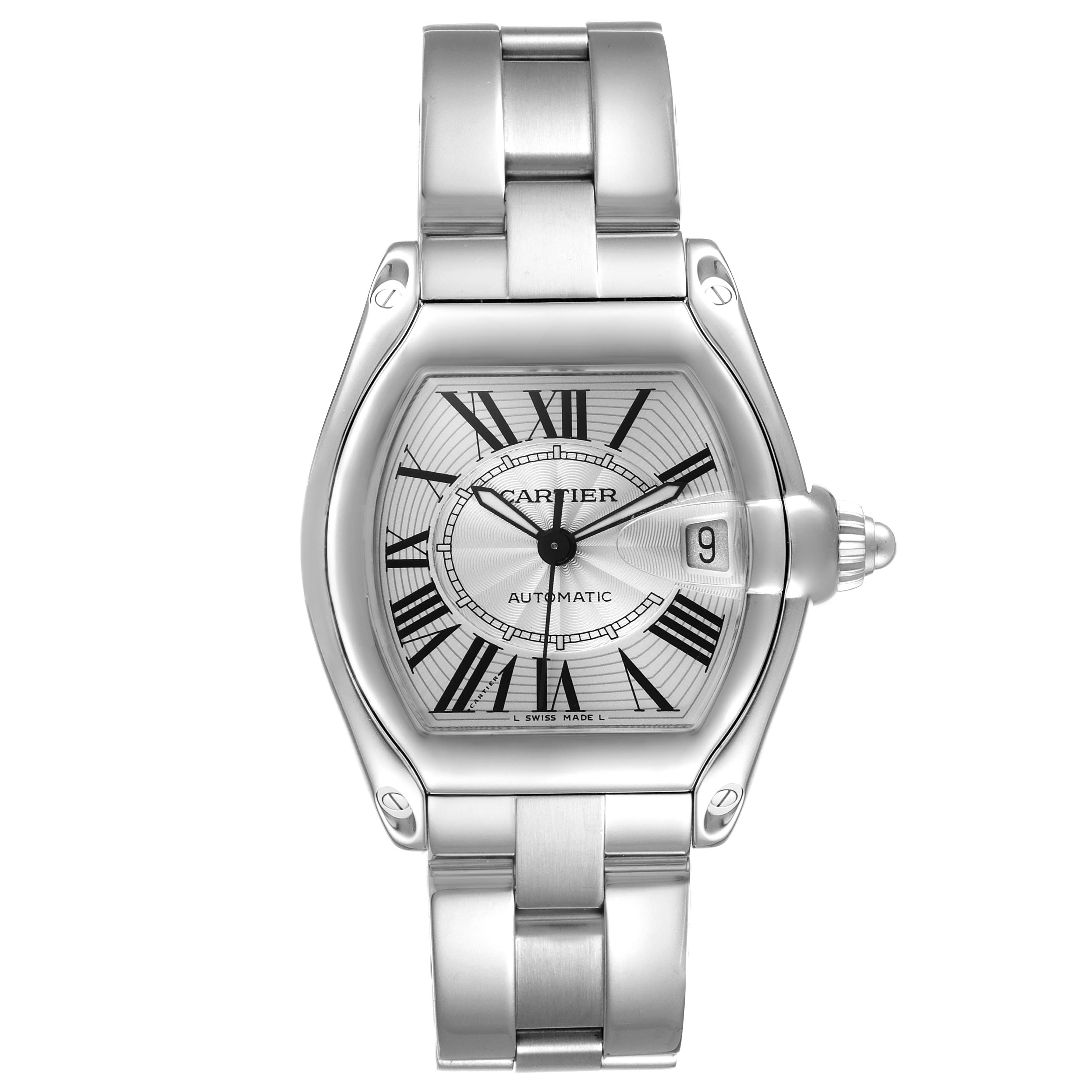 This image shows a frontal view of the Cartier Roadster W62025V3 Men's Stainless Steel Silver Dial W62025V3 Men's Stainless Steel Silver Dial watch, including its dial, bracelet, and crown.