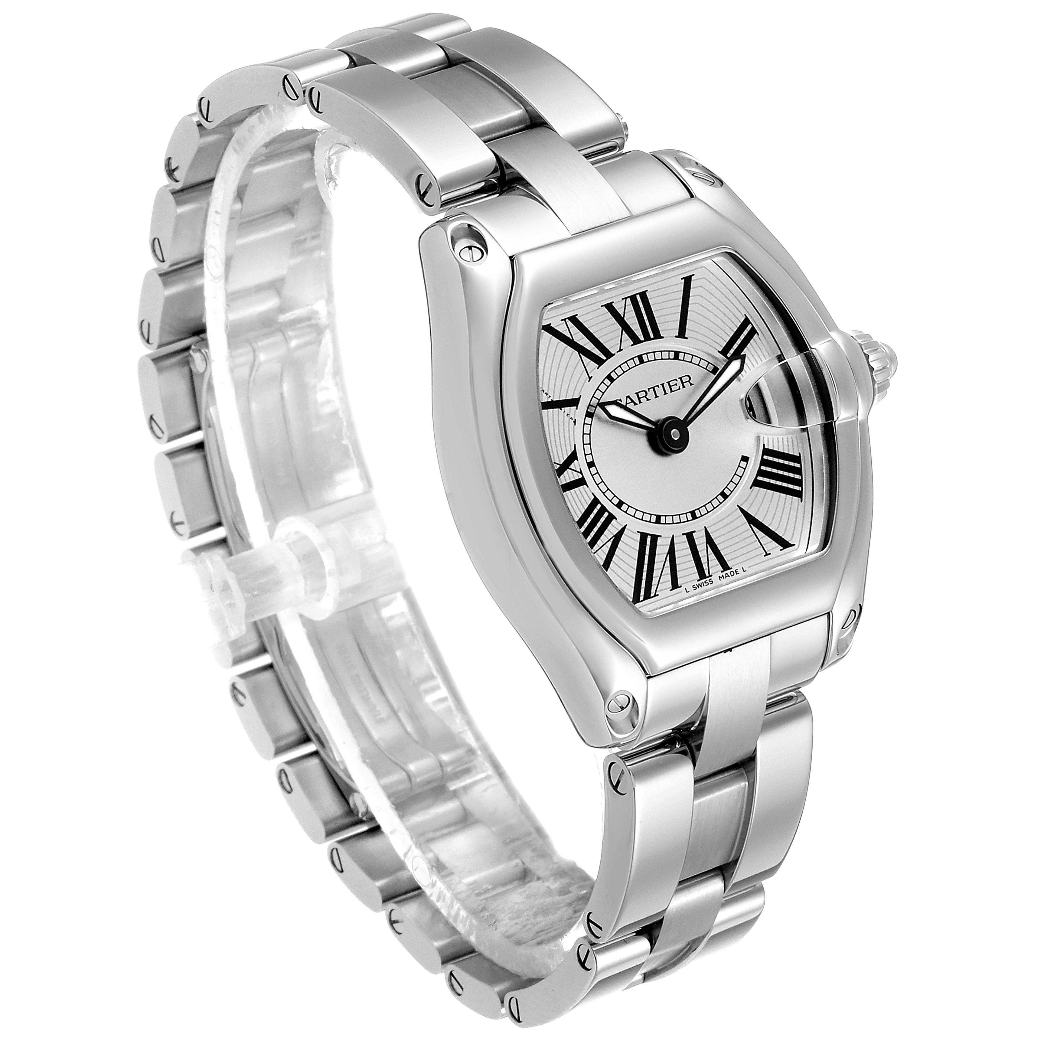 The image shows a Cartier Roadster W62016V3 Women
s Stainless Steel Silver Dial W62016V3 Women
s Stainless Steel Silver Dial watch at a three-quarter angle, highlighting its face, bezel, and bracelet.
