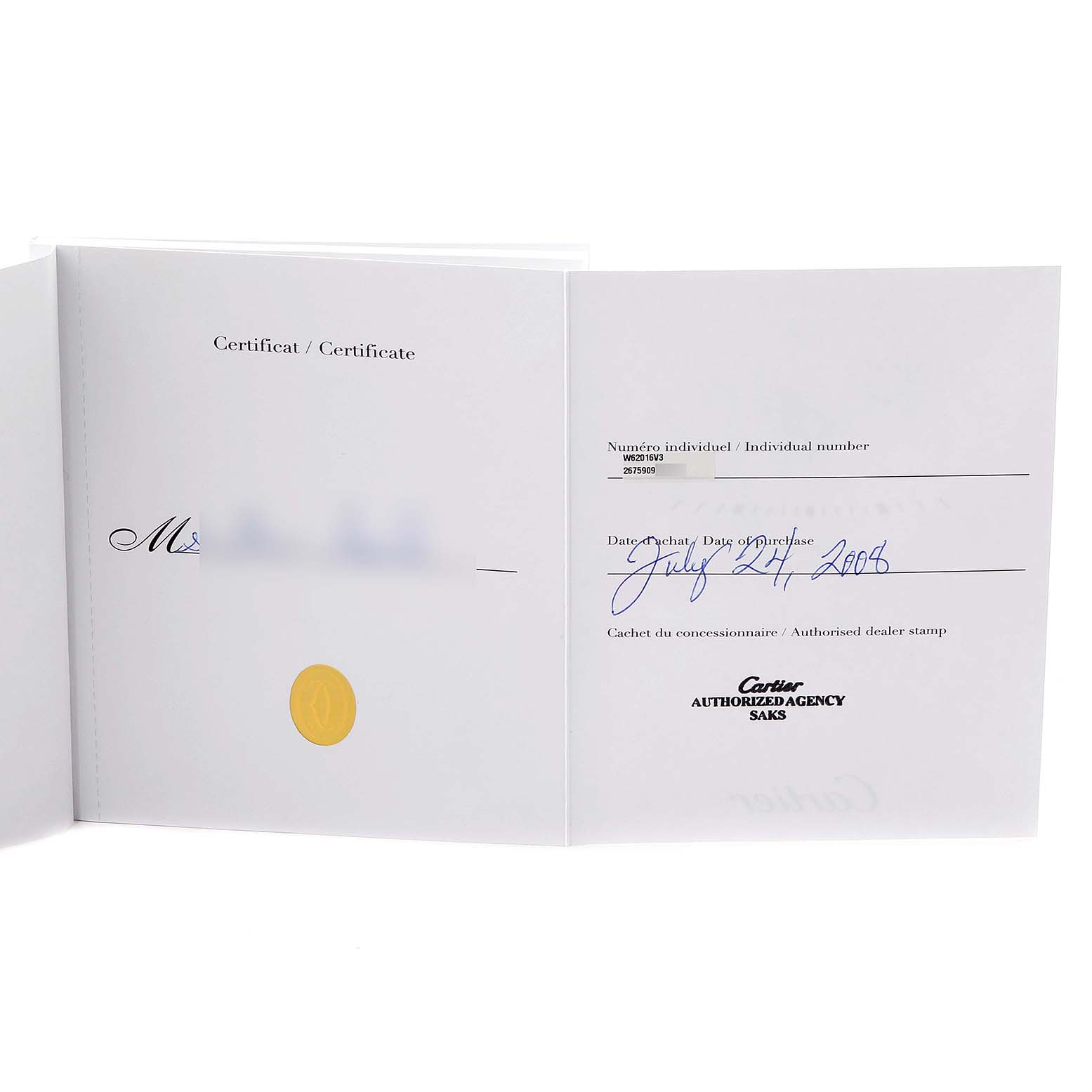 The image shows an open certificate and warranty card for the Cartier Roadster W62016V3 Women
s Stainless Steel Silver Dial W62016V3 Women
s Stainless Steel Silver Dial model watch, stamped by an authorized dealer.