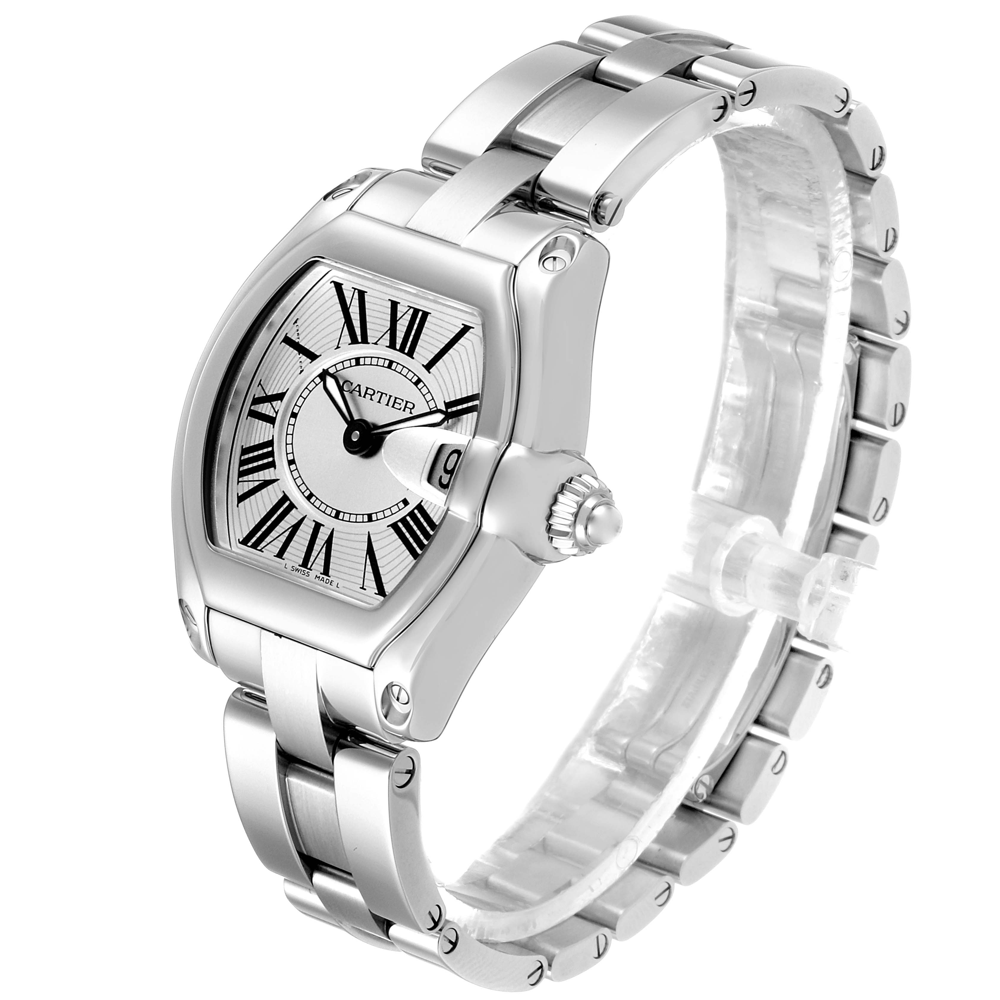 The Cartier Roadster W62016V3 Women
s Stainless Steel Silver Dial W62016V3 Women
s Stainless Steel Silver Dial watch is shown at a three-quarter angle, displaying the face, bracelet, and crown.