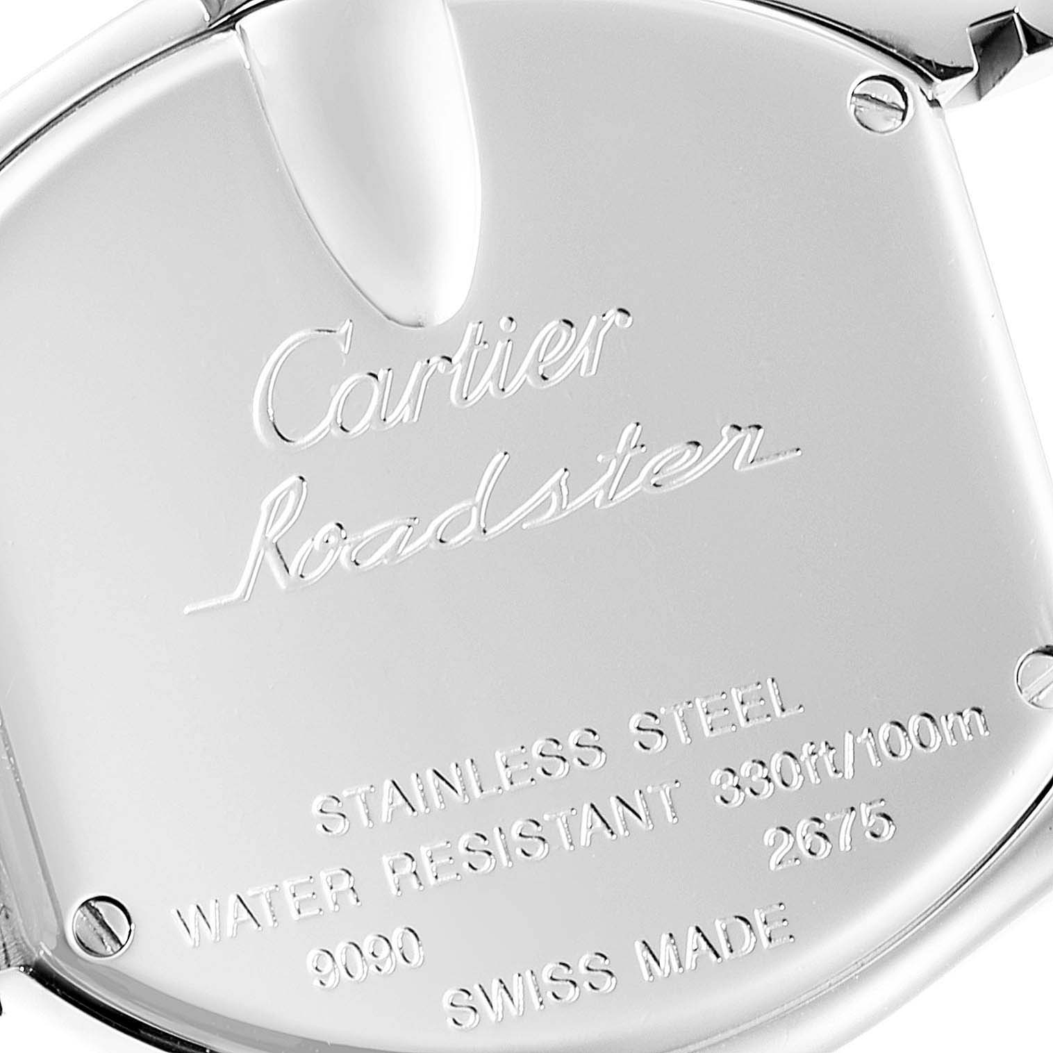 This image shows the back casing of a Cartier Roadster W62016V3 Women
s Stainless Steel Silver Dial W62016V3 Women
s Stainless Steel Silver Dial watch at a close-up angle.