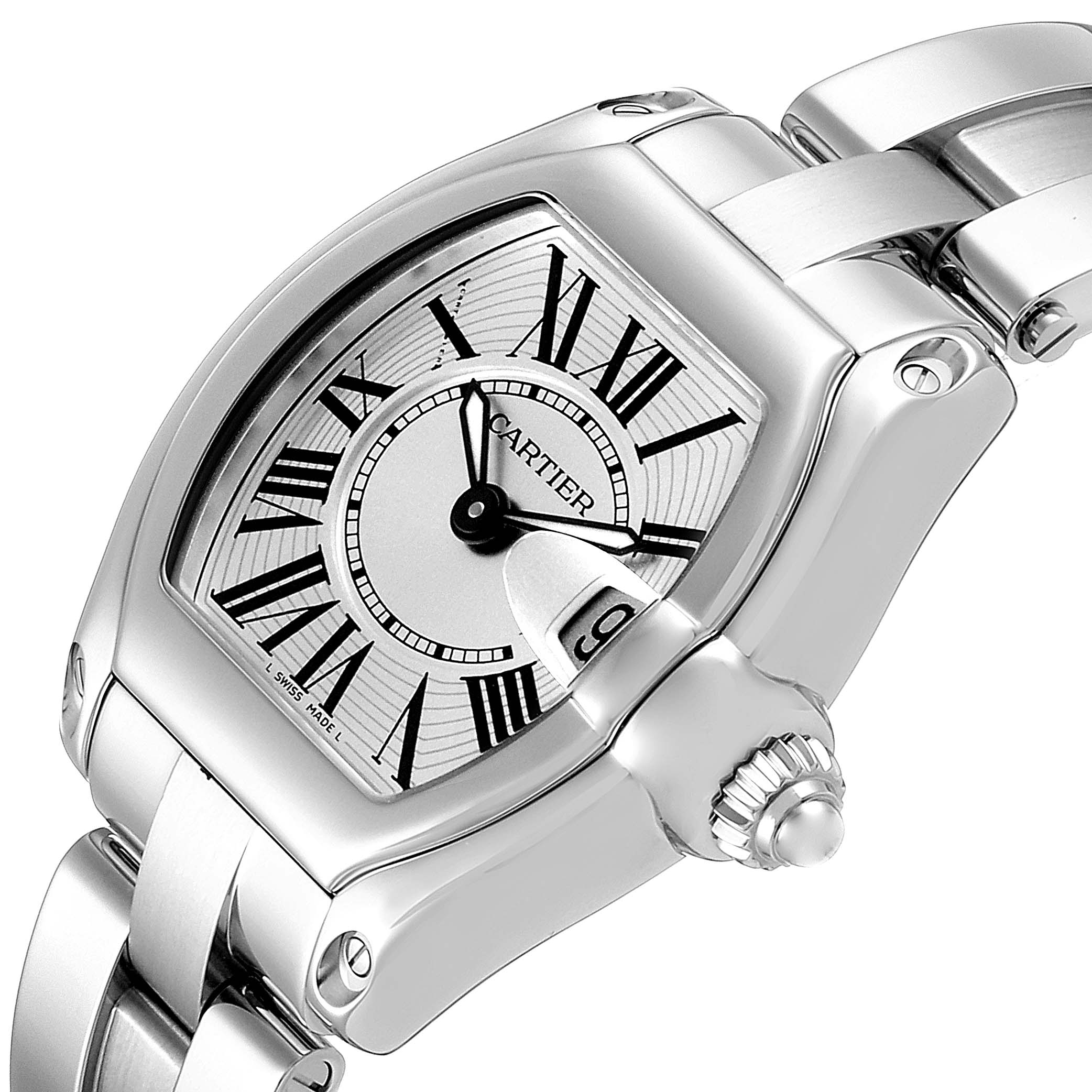 This image shows a Cartier Roadster W62016V3 Women
s Stainless Steel Silver Dial W62016V3 Women
s Stainless Steel Silver Dial watch at an angled close-up, highlighting the dial, bracelet, and crown.