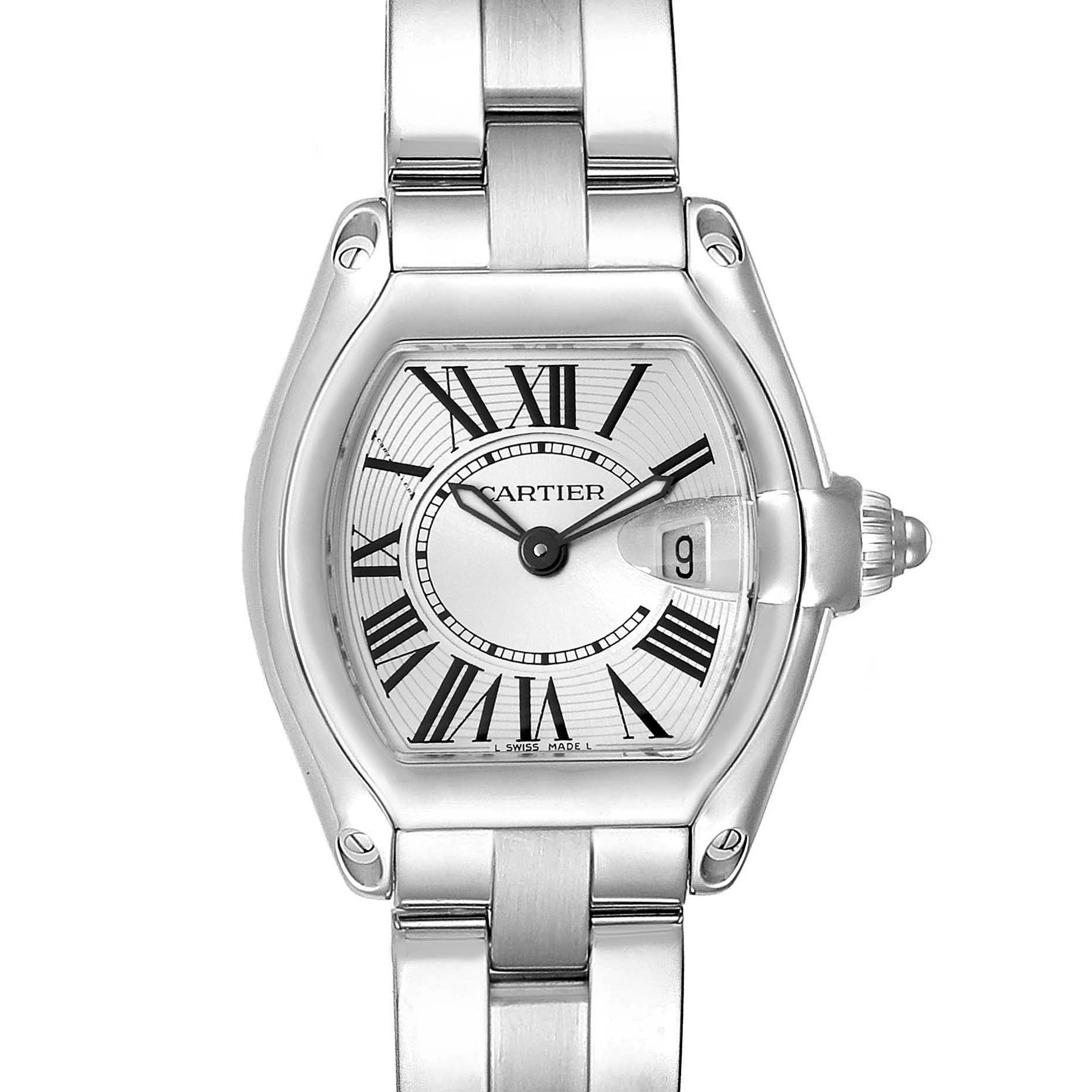 This is a top-down view of the Cartier Roadster W62016V3 Women
s Stainless Steel Silver Dial W62016V3 Women
s Stainless Steel Silver Dial watch, showing its dial, Roman numeral markers, hands, and part of the bracelet.