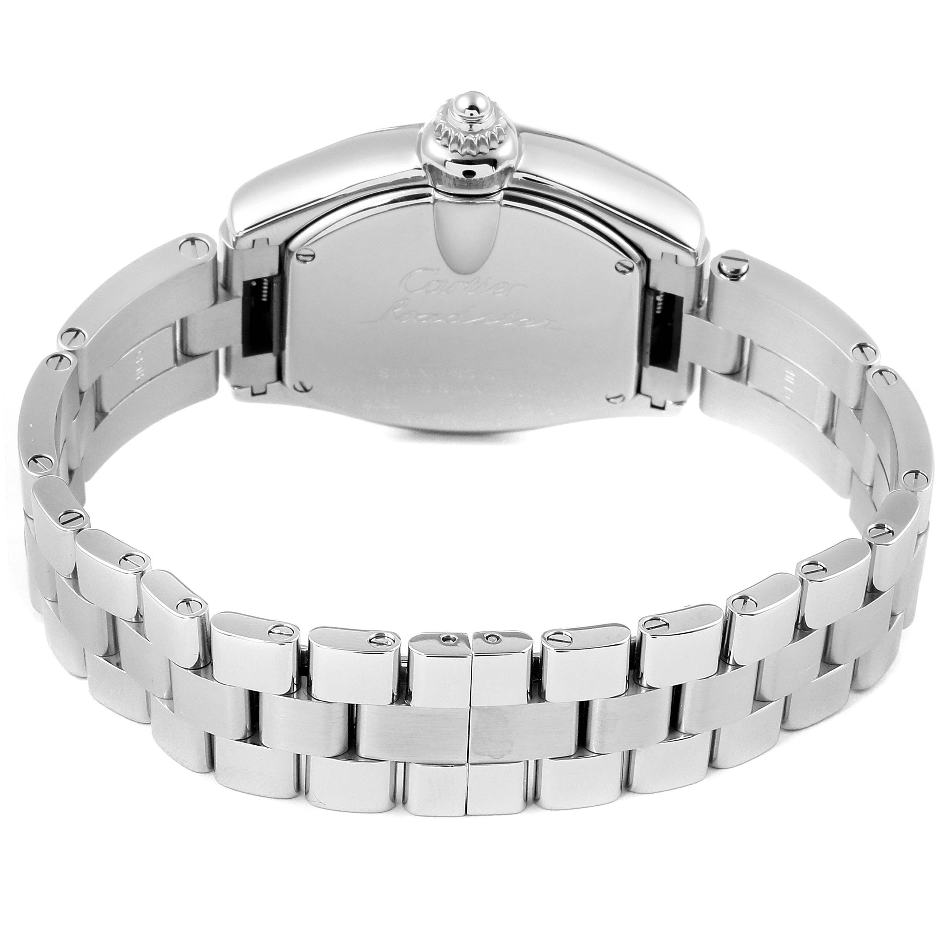 The image shows the back of a Cartier Roadster W62016V3 Women
s Stainless Steel Silver Dial W62016V3 Women
s Stainless Steel Silver Dial watch, highlighting its stainless steel bracelet and caseback.