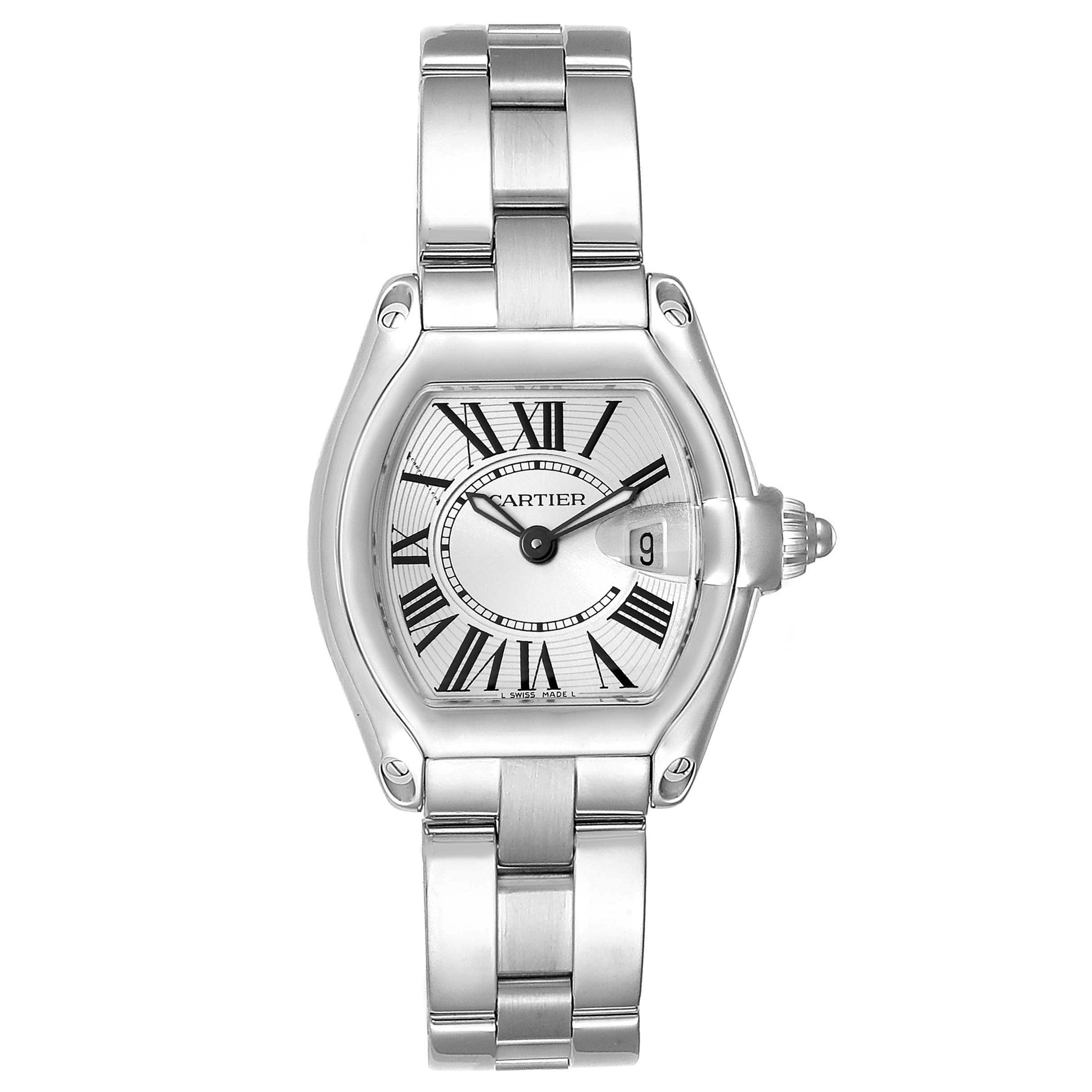 The image displays a front view of the Cartier Roadster W62016V3 Women
s Stainless Steel Silver Dial W62016V3 Women
s Stainless Steel Silver Dial watch, showcasing its dial, case, and metal bracelet.