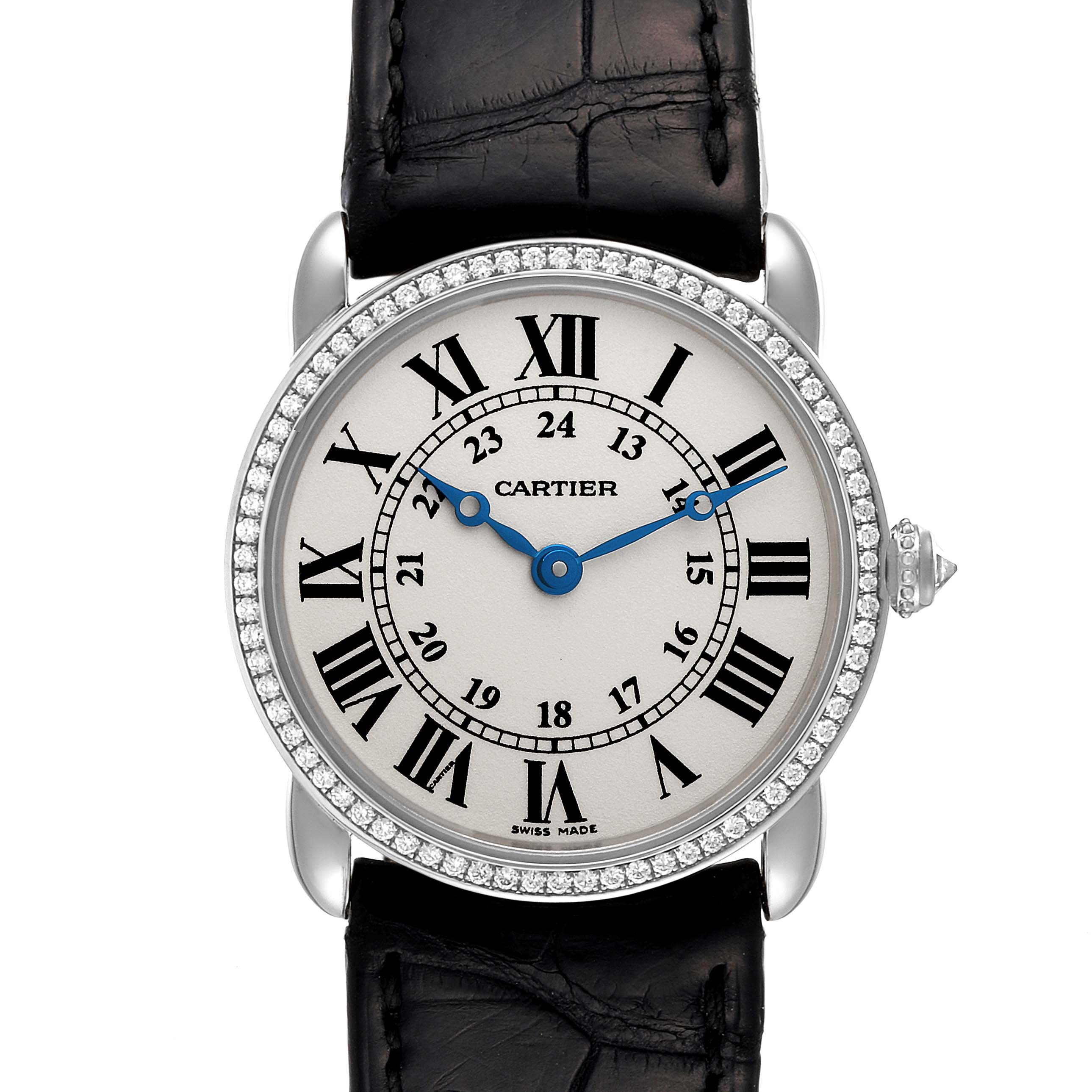 This image features a Cartier Ronde WR000251 Women's White Gold Silver Dial WR000251 Women's White Gold Silver Dial watch with a diamond-encrusted bezel, Roman numeral dial, and black leather strap, viewed from the front.