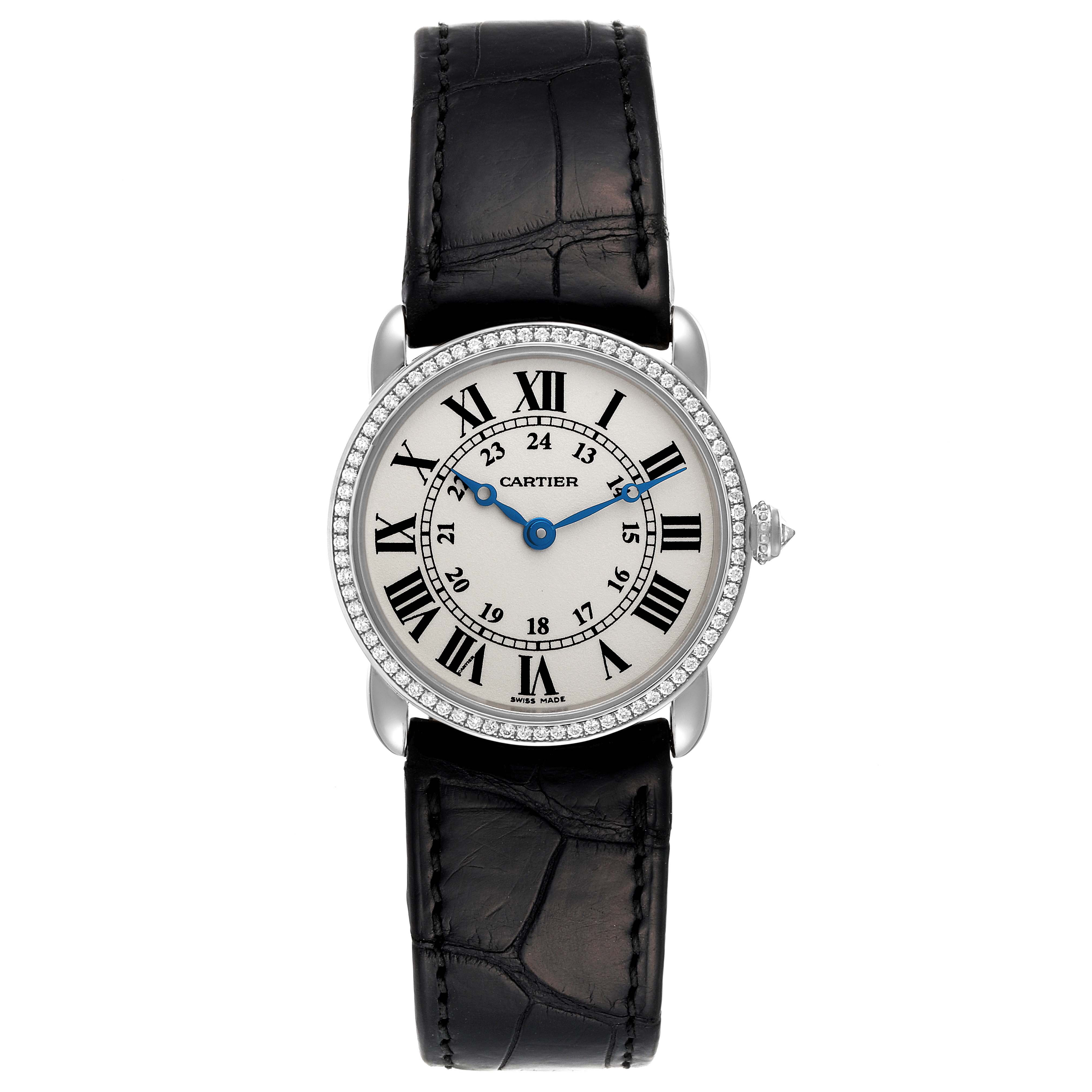 This image shows a straight-on view of the Cartier Ronde WR000251 Women's White Gold Silver Dial WR000251 Women's White Gold Silver Dial model watch, including the face, bezel, and black leather strap.