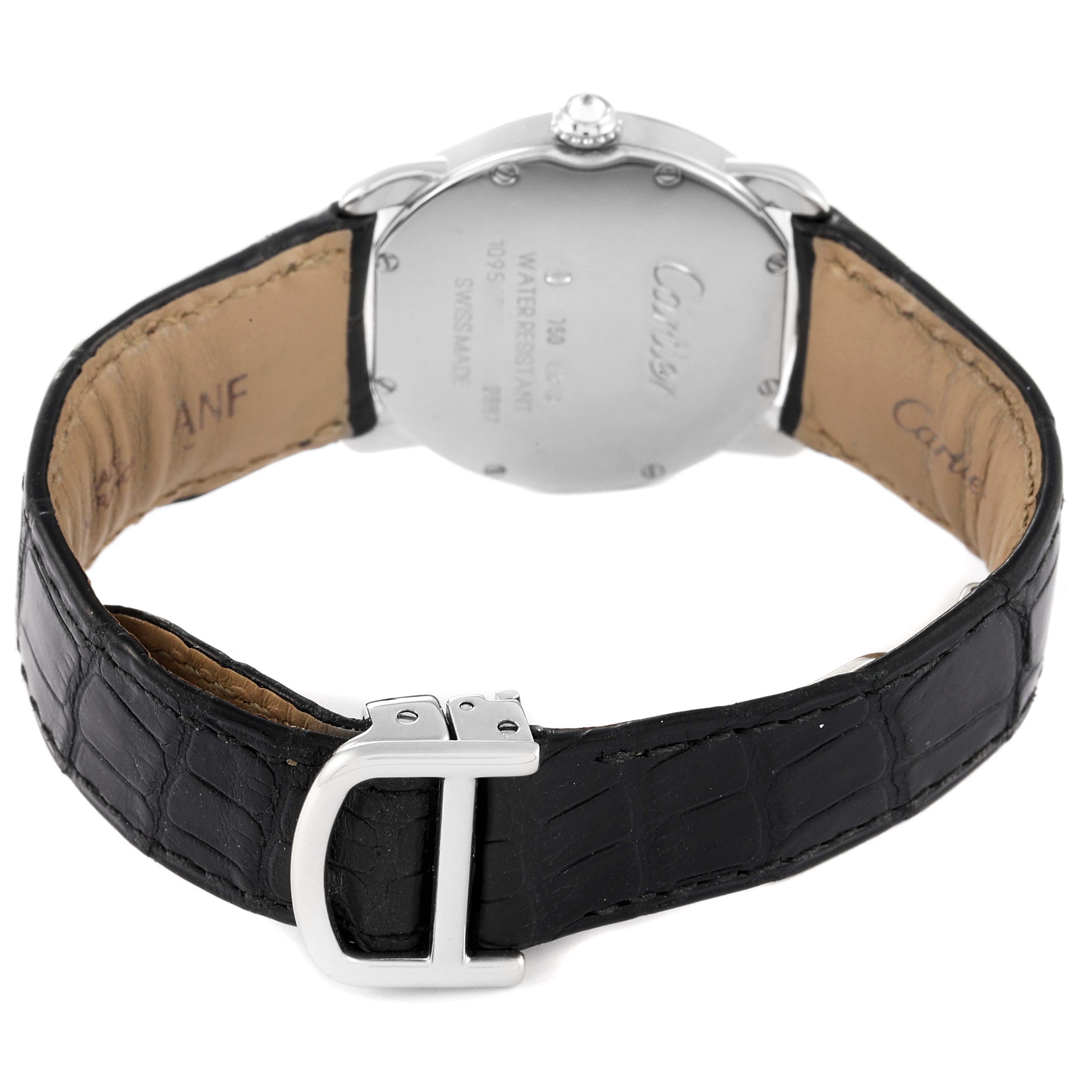 The image shows the back view of a Cartier Ronde WR000251 Women's White Gold Silver Dial WR000251 Women's White Gold Silver Dial model watch, displaying its case back, crown, and black leather strap with a buckle.