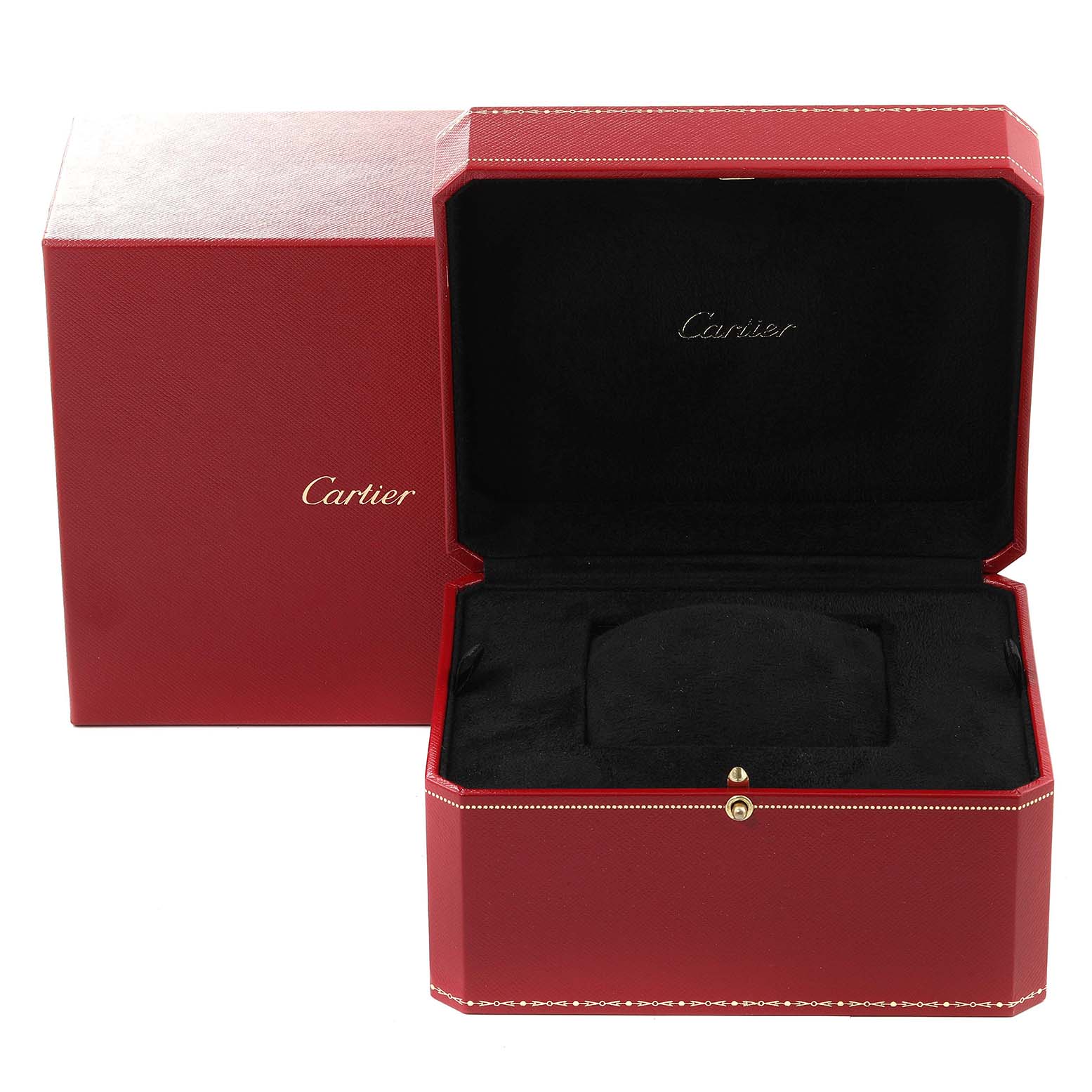 This image shows the open red and black box for a Cartier Ronde WR000251 Women's White Gold Silver Dial WR000251 Women's White Gold Silver Dial model watch, with branding on the interior and exterior.