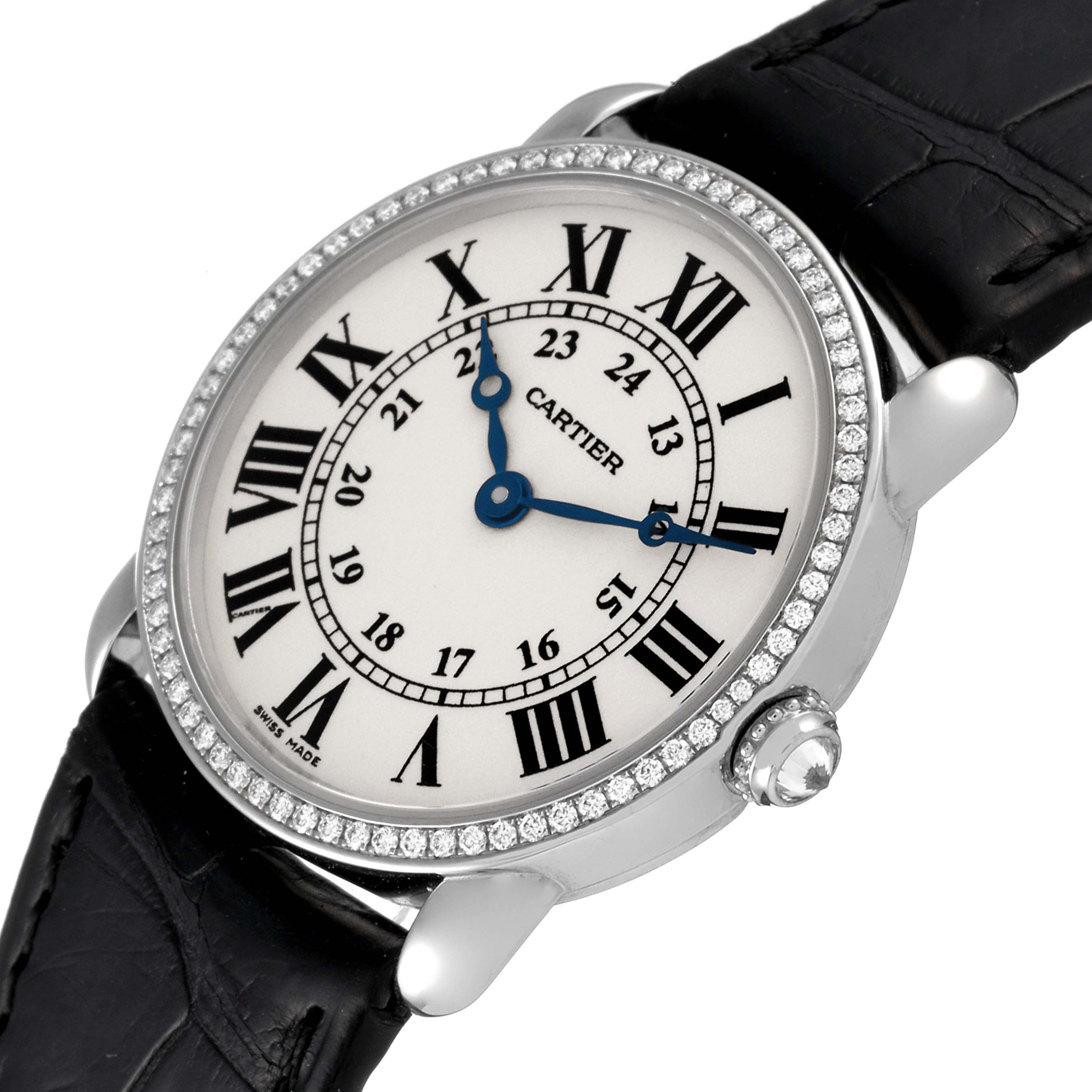 The Cartier Ronde WR000251 Women's White Gold Silver Dial WR000251 Women's White Gold Silver Dial watch is shown from an angled close-up, focusing on the dial, bezel, and part of the strap.