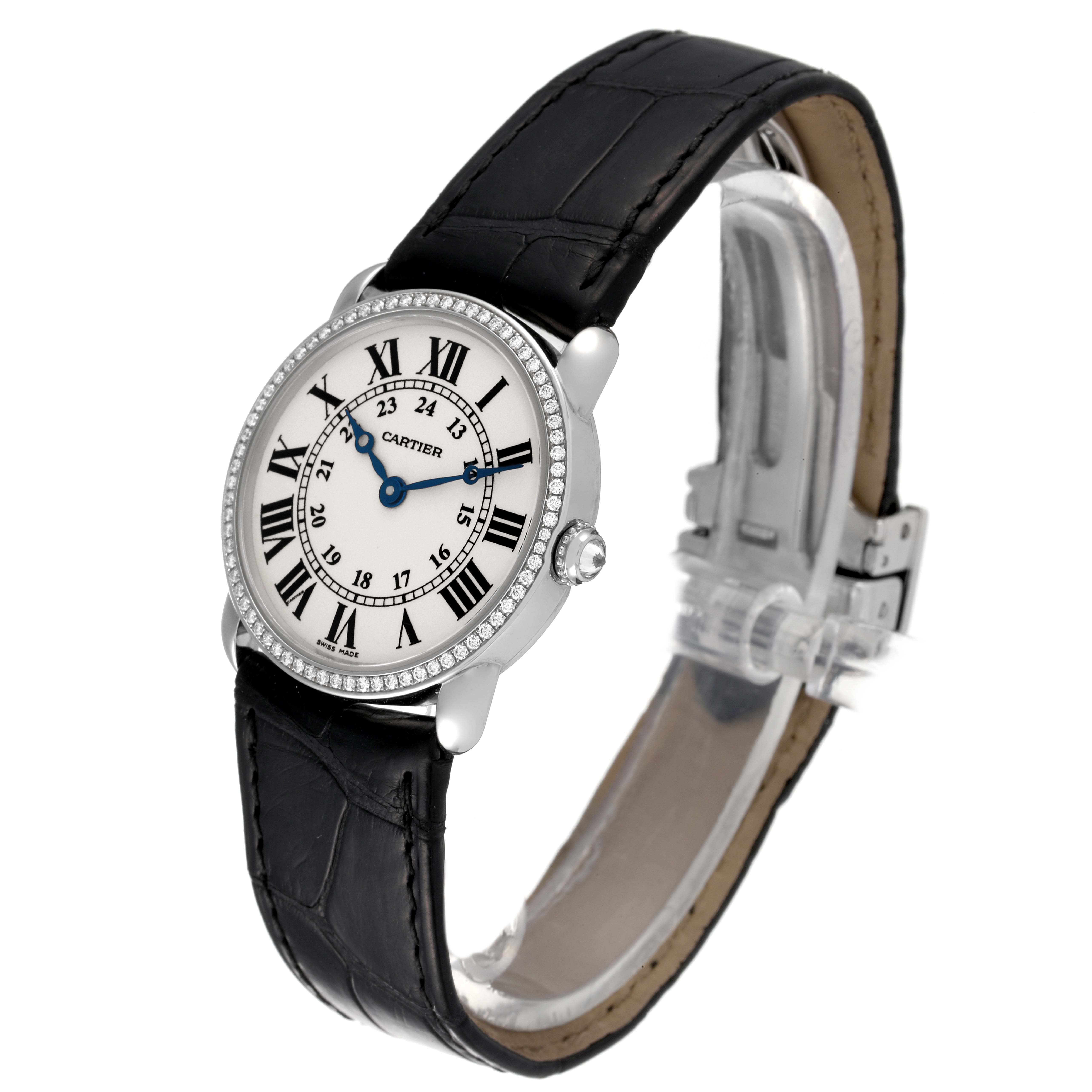 The Ronde model by Cartier is shown at an angle highlighting its face, bezel, and black leather strap.