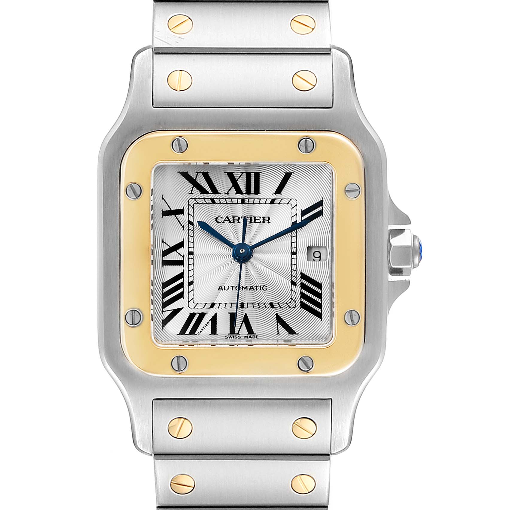 The image shows a front view of the Cartier Santos W20058C4 Men
s Steel and Gold (two tone) Silver Dial W20058C4 Men
s Steel and Gold (two tone) Silver Dial watch featuring its dial, bezel, case, crown, and bracelet.