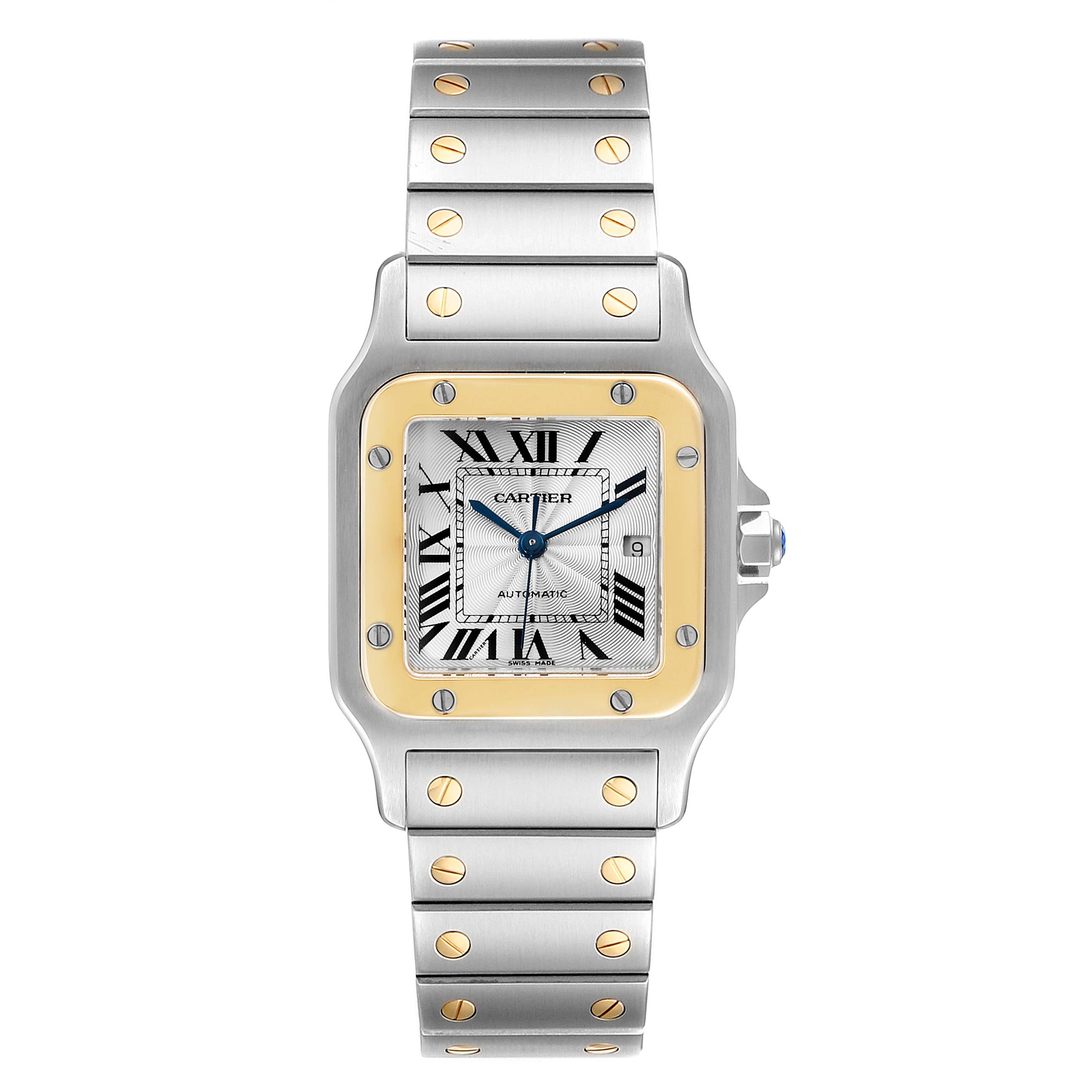 This image shows a front view of the Cartier Santos W20058C4 Men
s Steel and Gold (two tone) Silver Dial W20058C4 Men
s Steel and Gold (two tone) Silver Dial watch, featuring its stainless steel and gold bracelet, square dial, and Roman numerals.