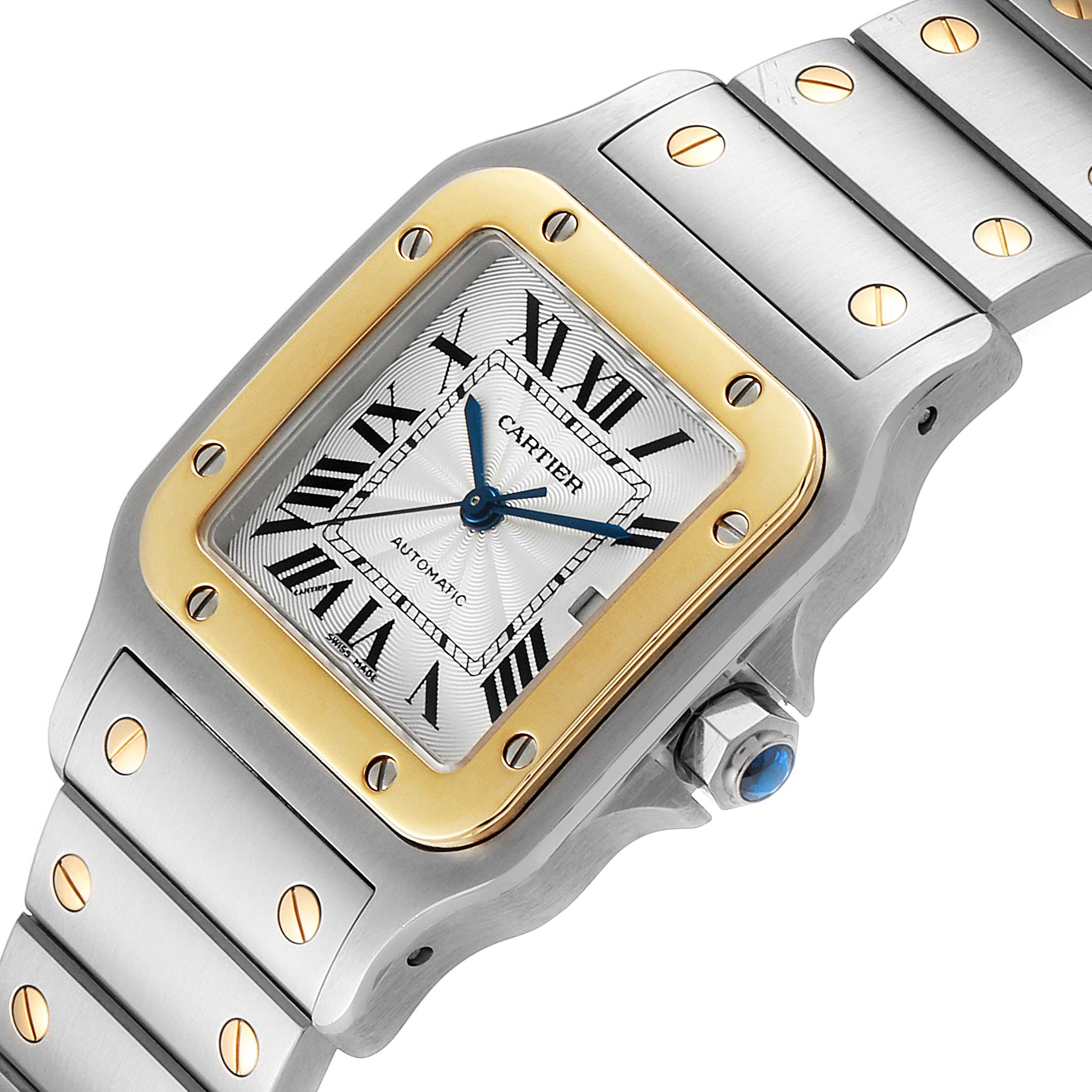 The image shows a close-up of the dial, bezel, and part of the bracelet of the Cartier Santos W20058C4 Men
s Steel and Gold (two tone) Silver Dial W20058C4 Men
s Steel and Gold (two tone) Silver Dial watch.