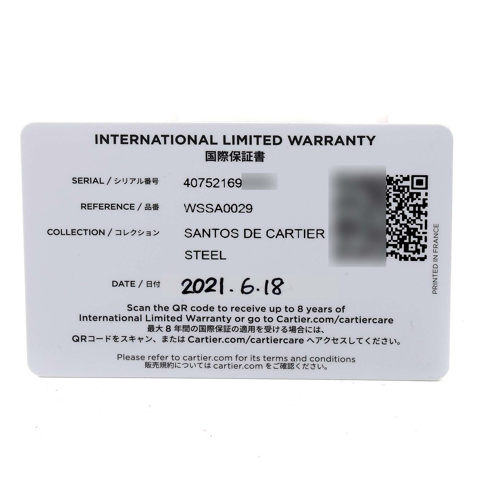 This is an international limited warranty card for the Santos de Cartier watch model.