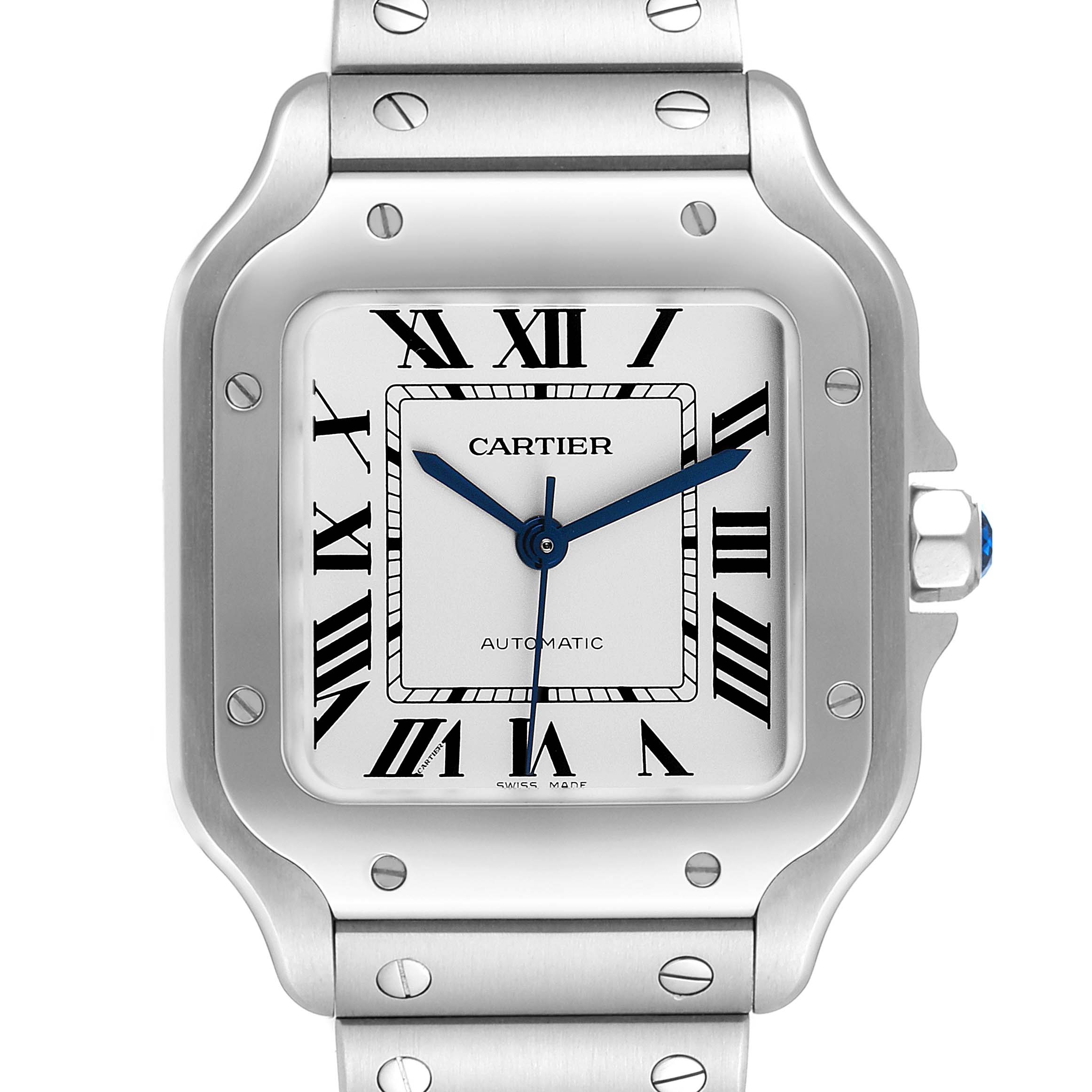 This is a close-up, front view of the Cartier Santos WSSA0029 Men's Stainless Steel Silver Dial WSSA0029 Men's Stainless Steel Silver Dial watch, showcasing its face, bezel, crown, and part of the bracelet.