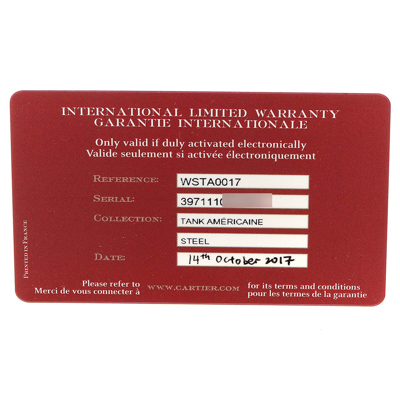 This image shows the international limited warranty card for the Cartier Tank Américaine watch model.