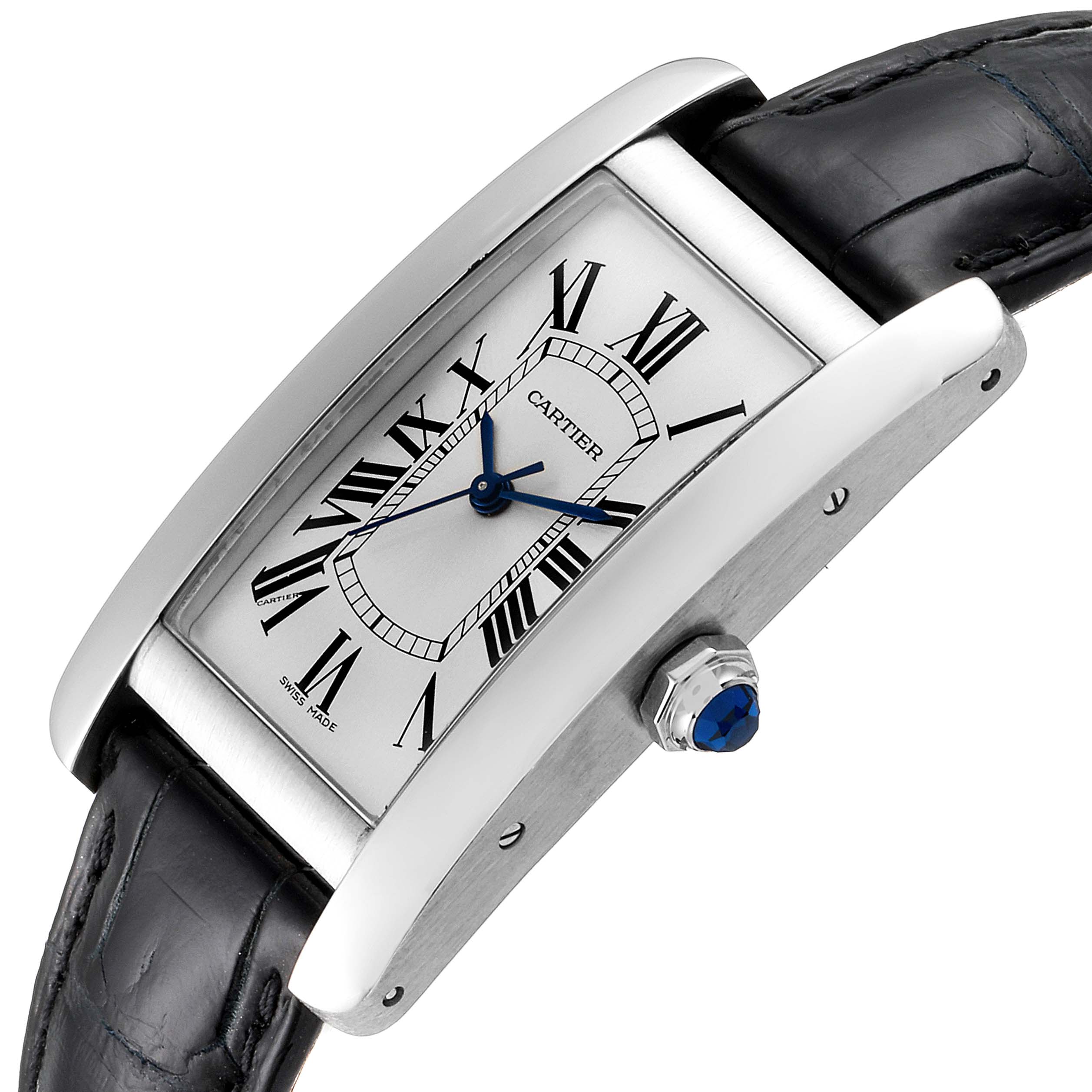 The image shows a Cartier Tank Americaine WSTA0017 Women
s Stainless Steel Silver Dial WSTA0017 Women
s Stainless Steel Silver Dial watch, displaying its face, Roman numerals, blue hands, and side view of the crown.