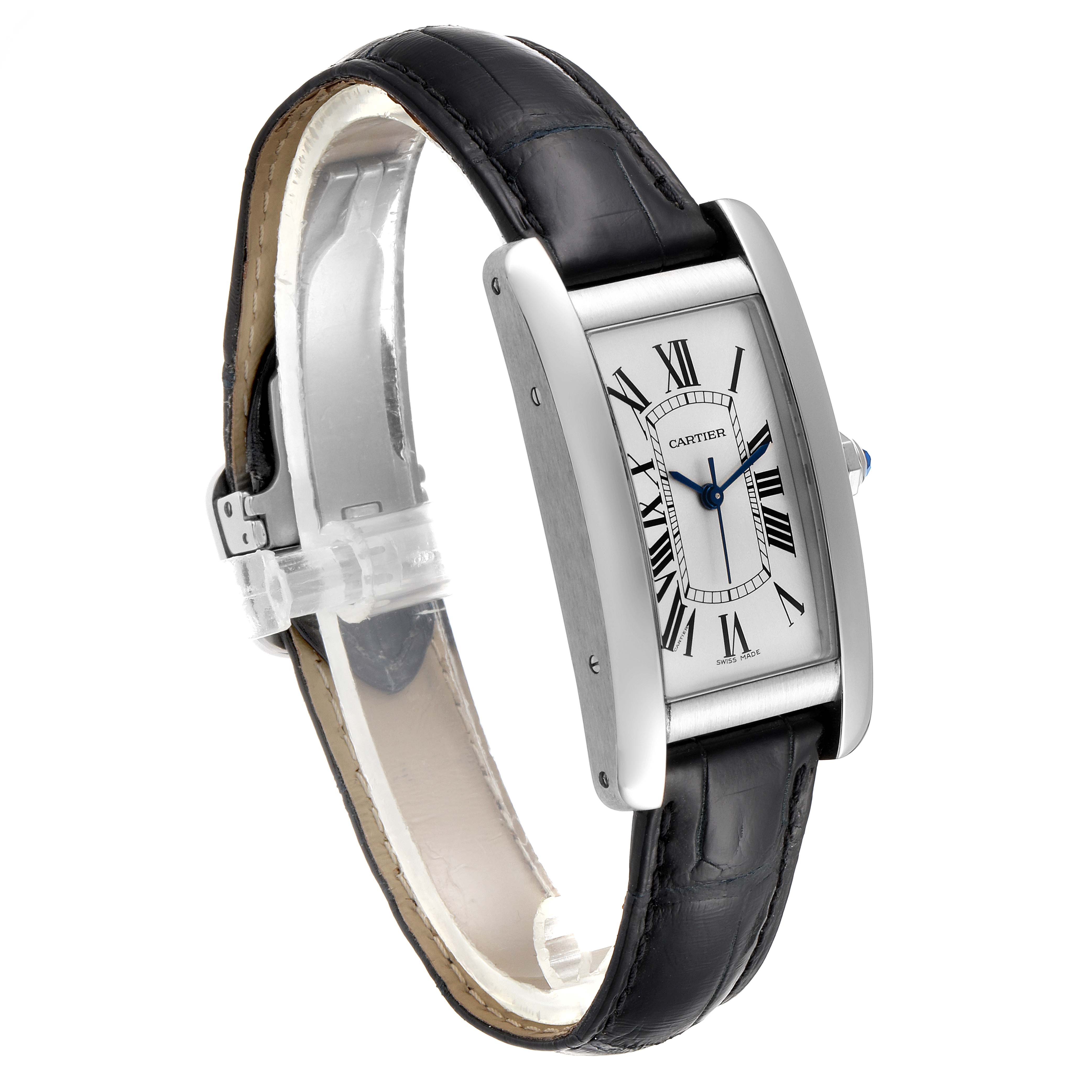This image shows a side angle of the Cartier Tank Américaine watch, displaying its rectangular face and black leather strap.