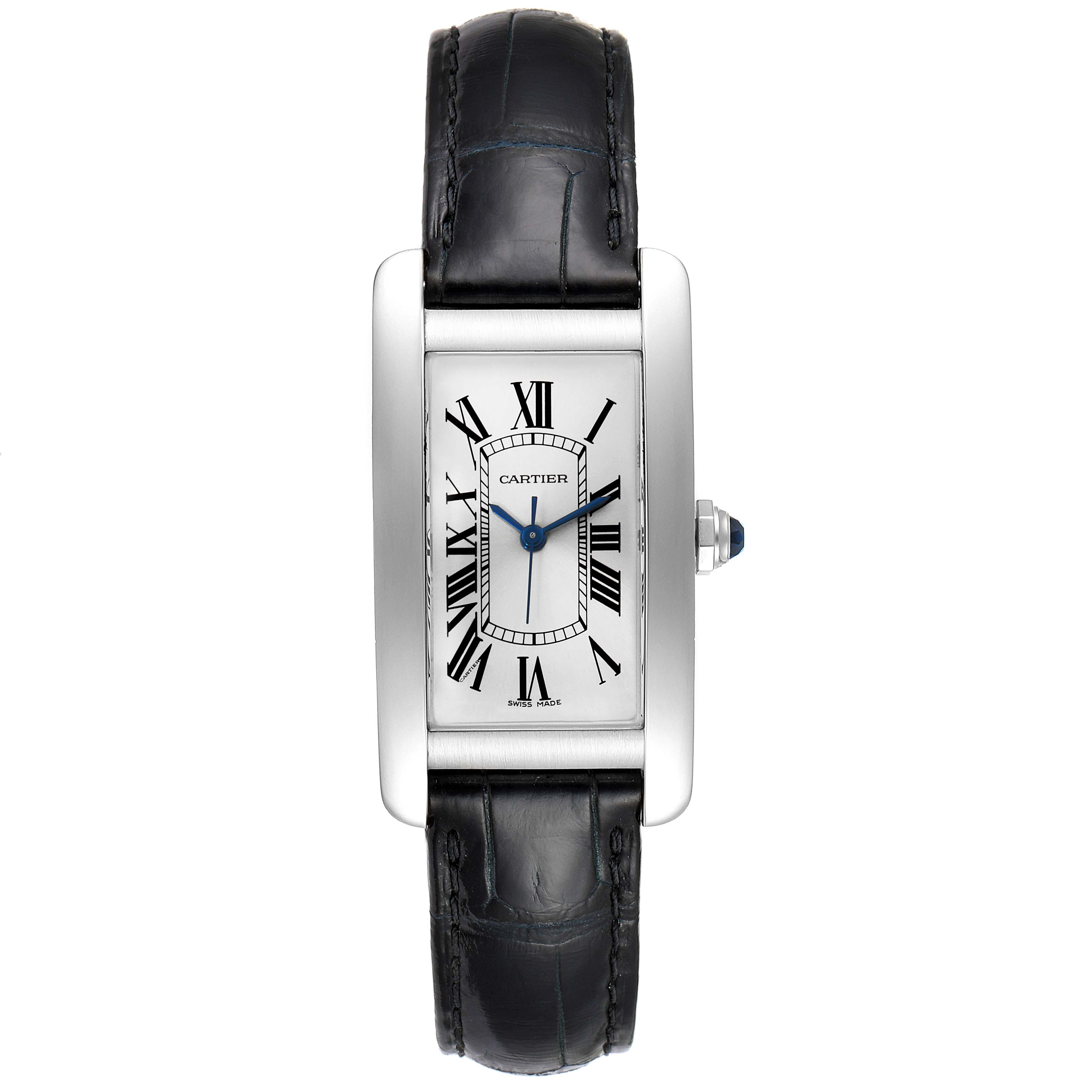 The Cartier Tank Americaine WSTA0017 Women
s Stainless Steel Silver Dial WSTA0017 Women
s Stainless Steel Silver Dial watch is shown from the front, displaying its rectangular face, Roman numerals, and black leather strap.