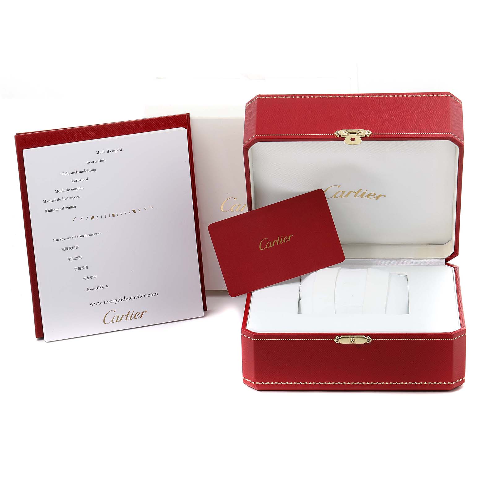 The image shows the packaging, instruction manual, and warranty card for the Cartier Tank Americaine WSTA0017 Women
s Stainless Steel Silver Dial WSTA0017 Women
s Stainless Steel Silver Dial watch.