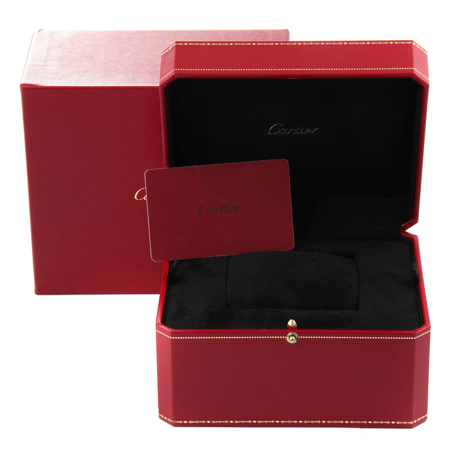 The image shows a red Cartier box and cushion for the Cartier Tank Americaine W2610751 Men's Rose Gold Silver Dial W2610751 Men's Rose Gold Silver Dial watch, along with a Cartier card.