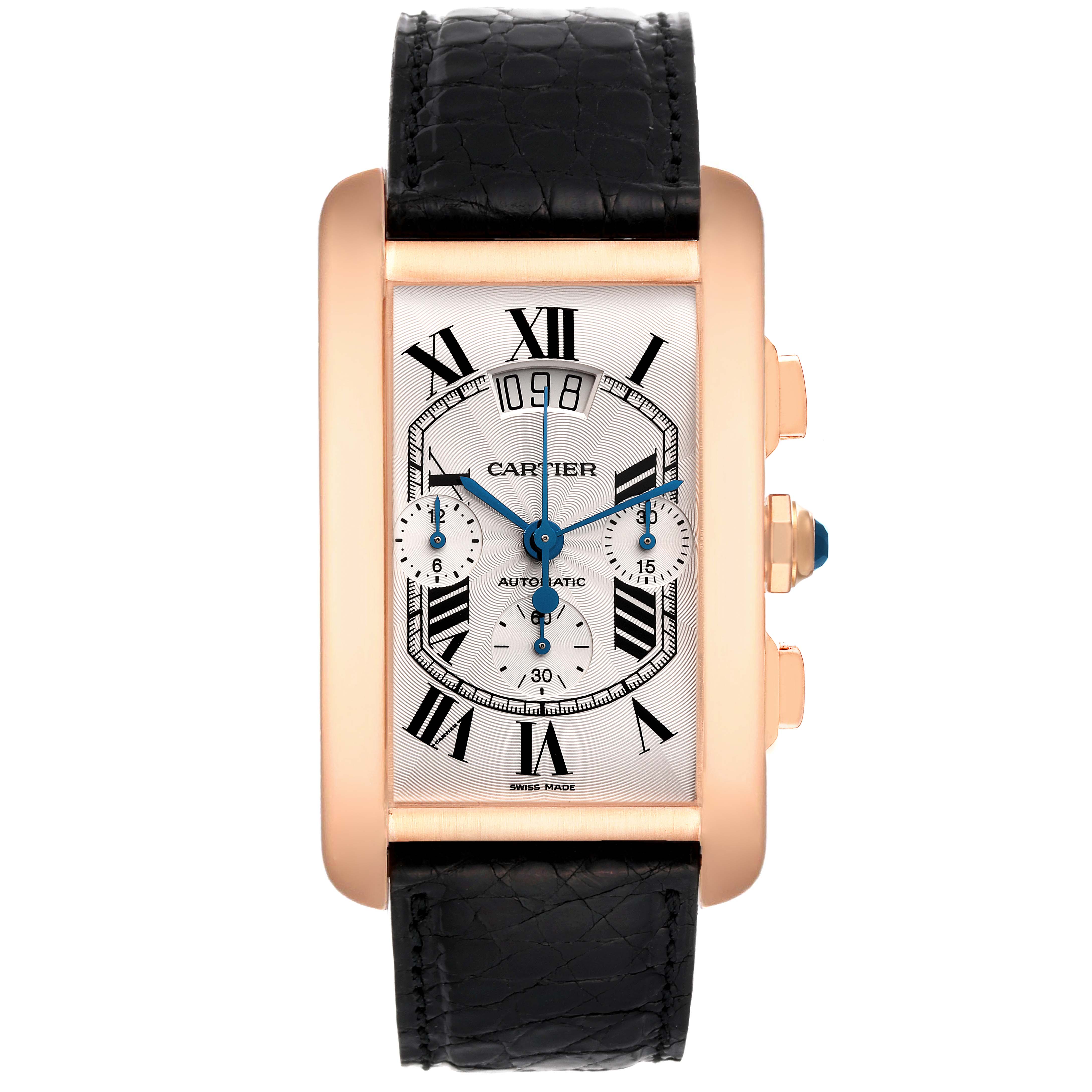 The image shows a Cartier Tank Américaine watch, front view, highlighting its rectangular dial, Roman numerals, and black leather strap.