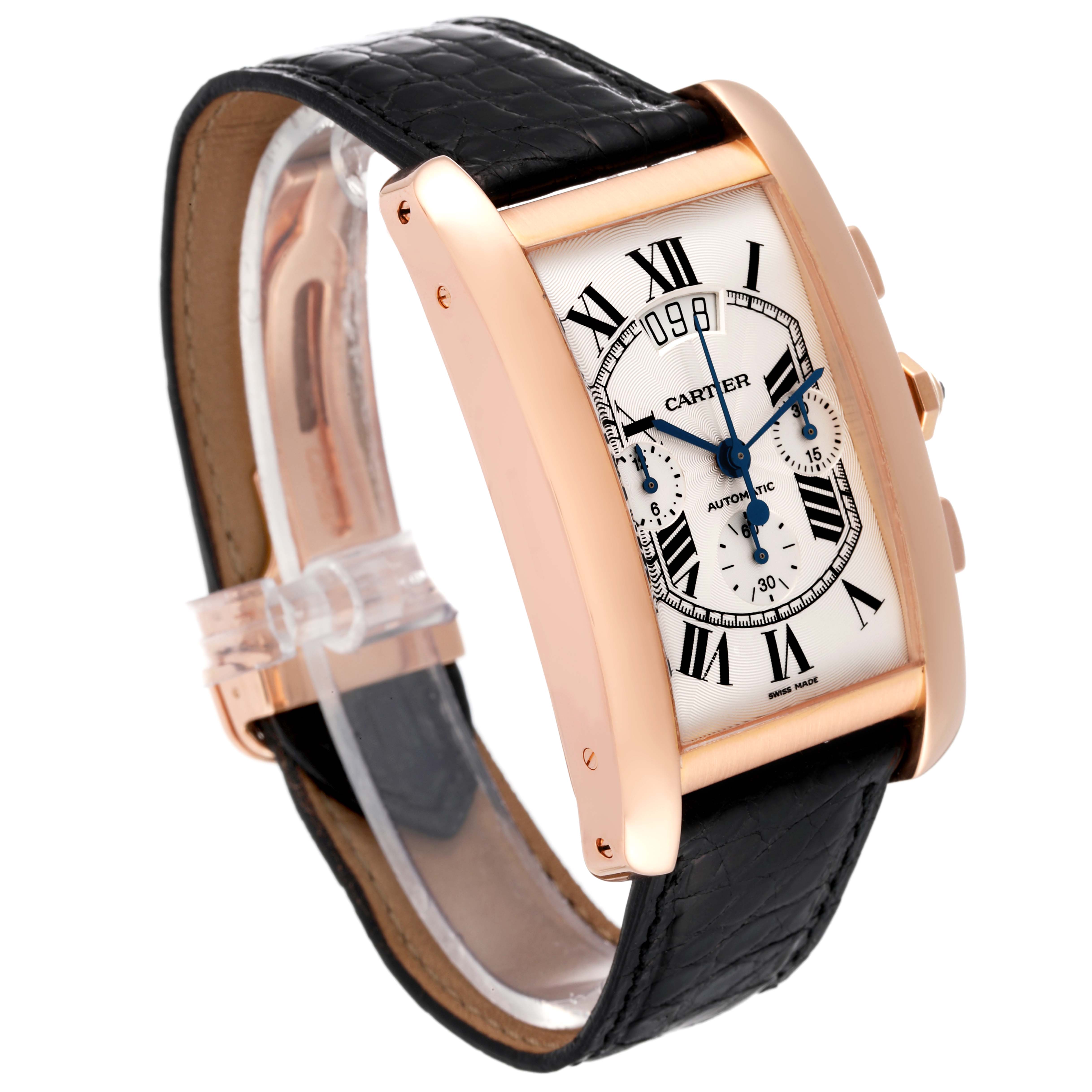 The Cartier Tank Américaine watch is shown at a three-quarter angle, highlighting the face, case, and leather strap.