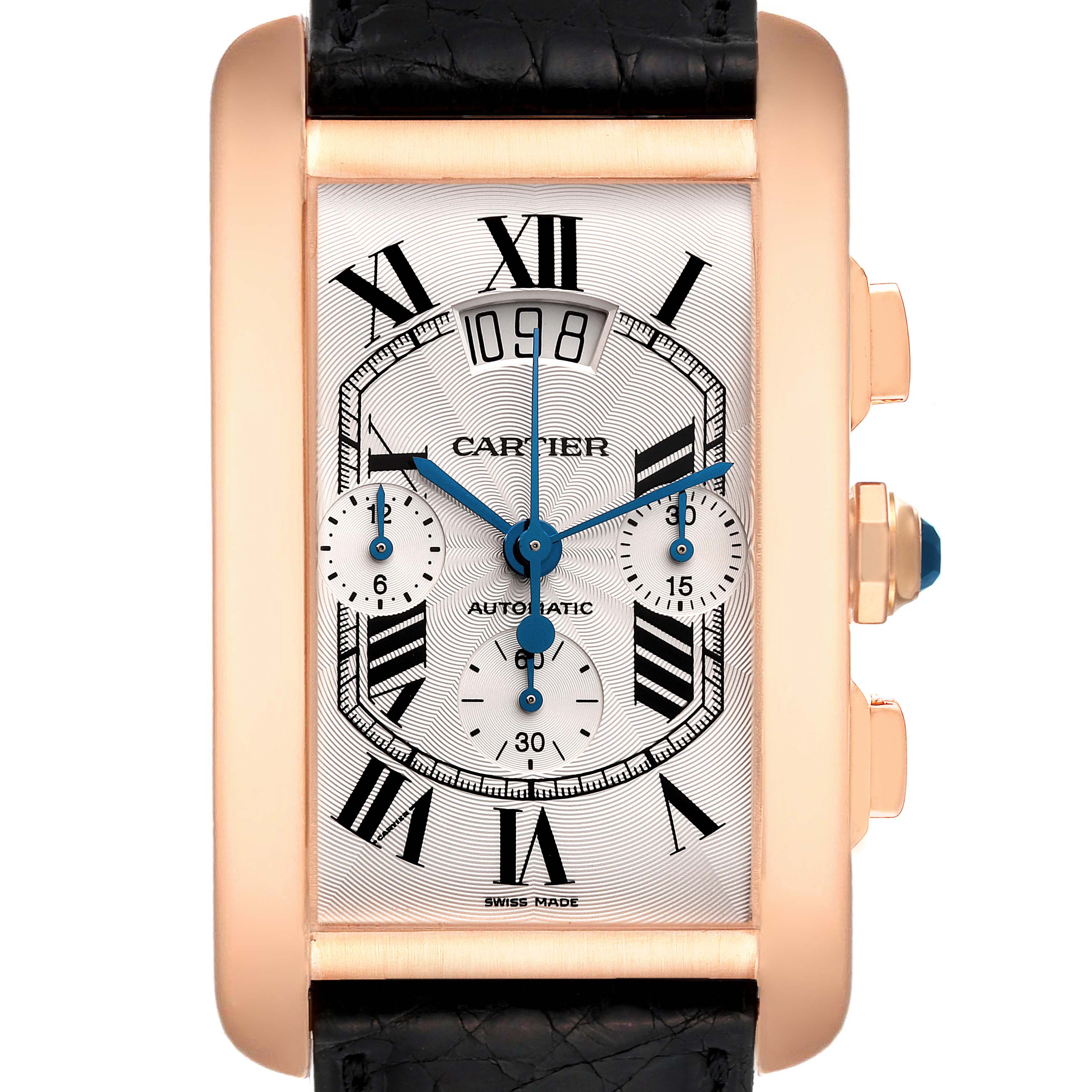 This image shows a front view of a Cartier Tank Americaine W2610751 Men's Rose Gold Silver Dial W2610751 Men's Rose Gold Silver Dial watch, highlighting its rectangular face, Roman numerals, and side buttons.