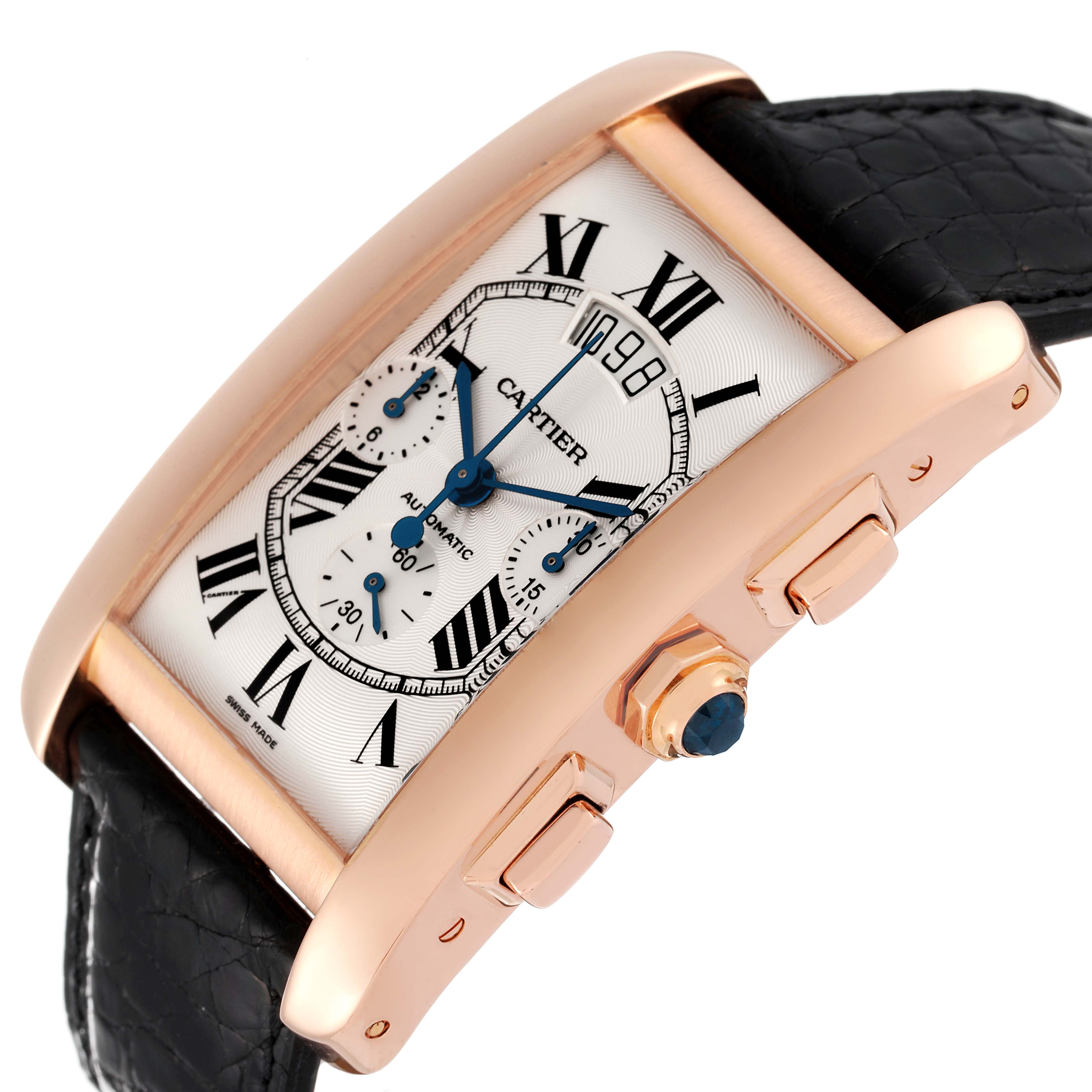 The image shows a side and angled view of the Cartier Tank Americaine W2610751 Men's Rose Gold Silver Dial W2610751 Men's Rose Gold Silver Dial watch, detailing the crown and pushers.