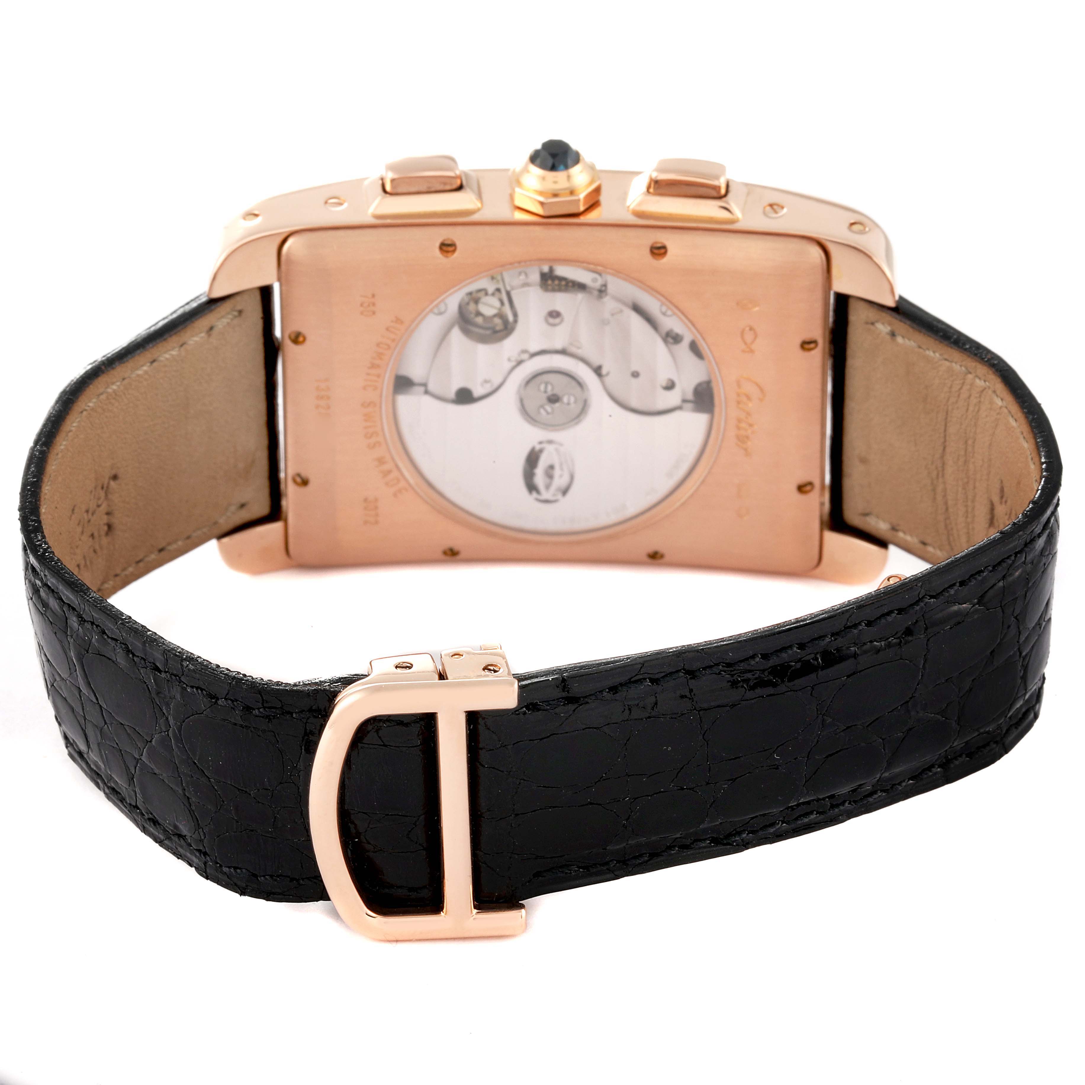 This image shows the back view of a Tank Americaine model watch by Cartier, featuring the inner mechanism and black leather strap.