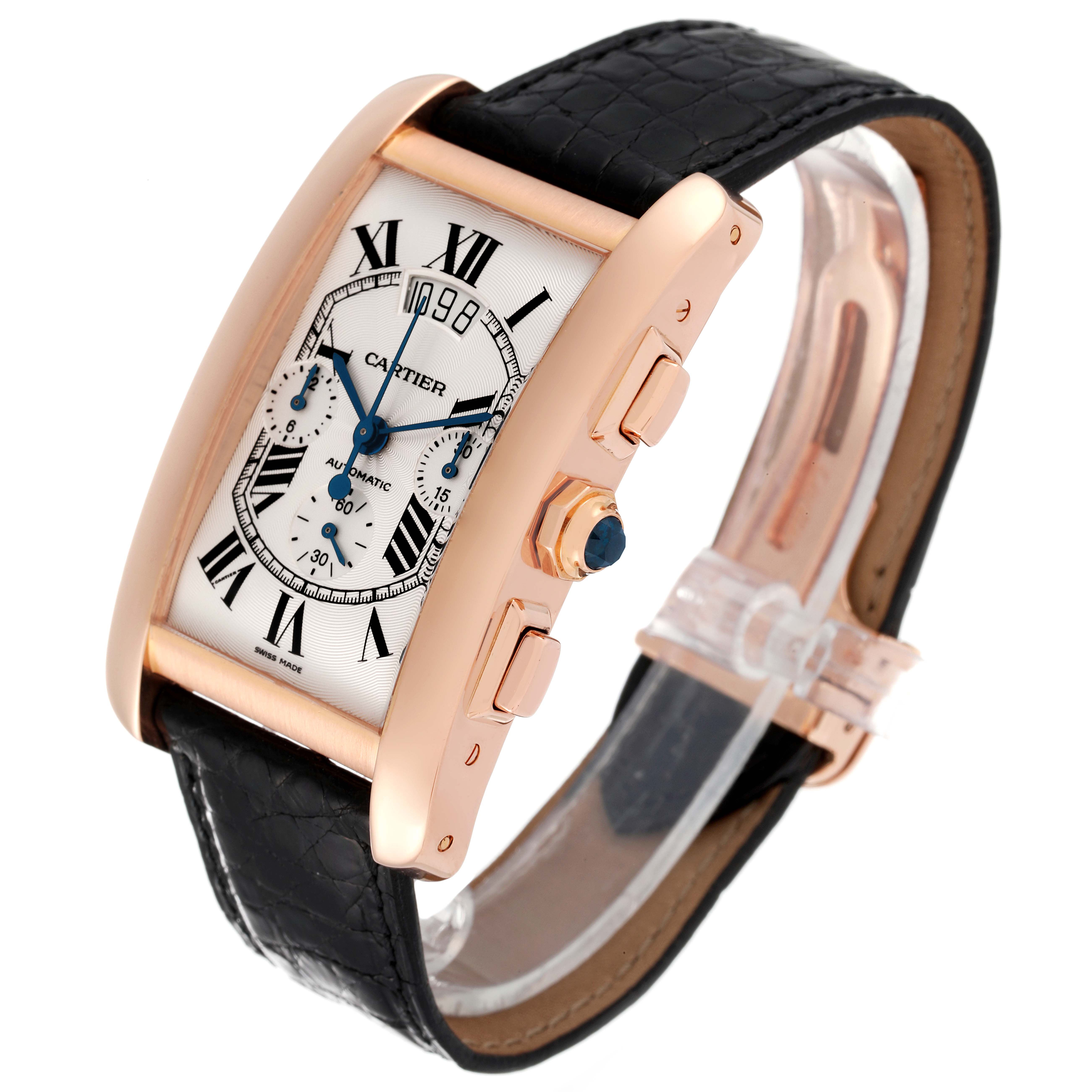 This image shows a side and angled view of the Cartier Tank Americaine W2610751 Men's Rose Gold Silver Dial W2610751 Men's Rose Gold Silver Dial watch, featuring its face, strap, crown, and pushers.