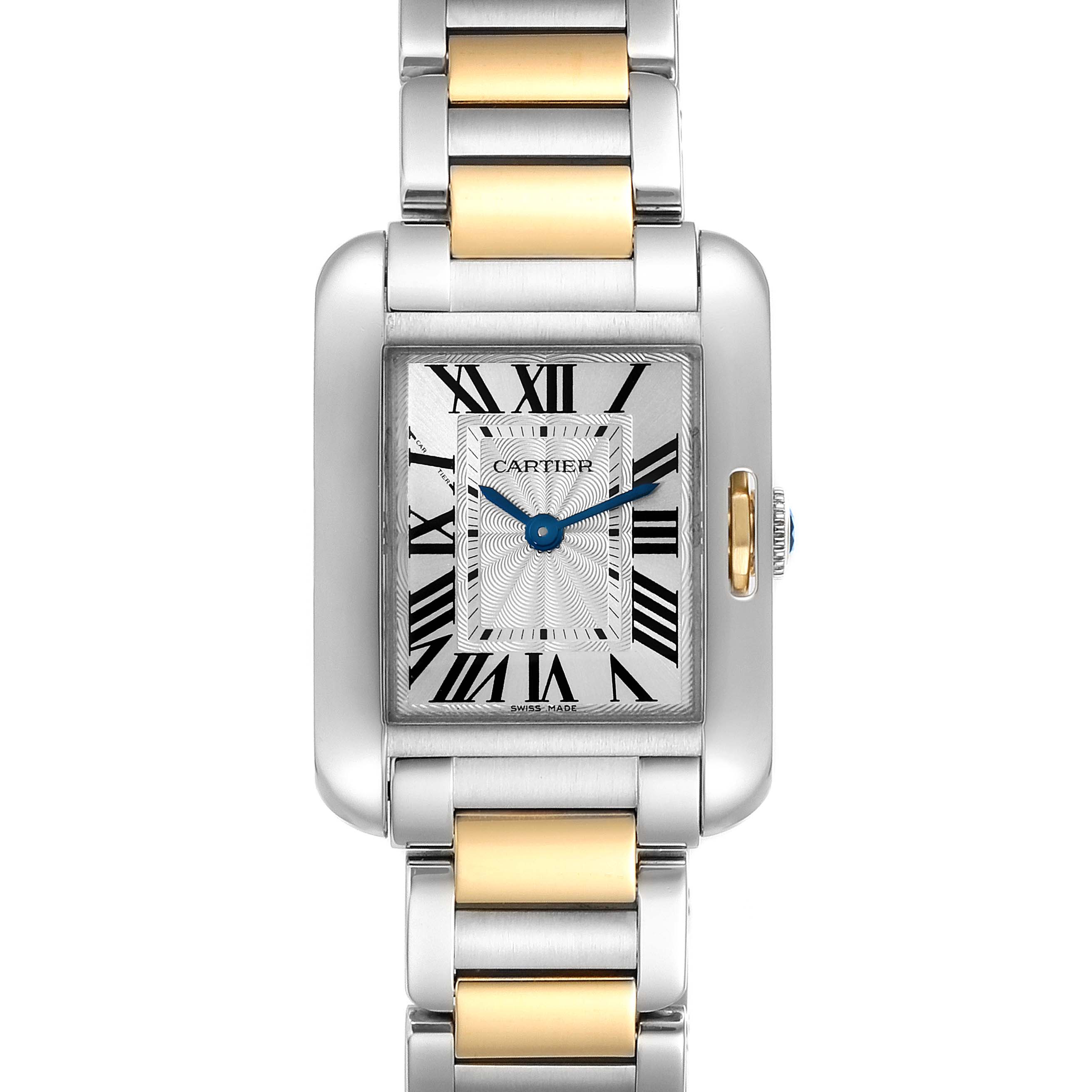 This image shows a full frontal view of the Cartier Tank Anglaise W5310019 Women's Steel and Gold (two tone) Silver Dial W5310019 Women's Steel and Gold (two tone) Silver Dial watch, highlighting its two-tone metal bracelet and rectangular face.