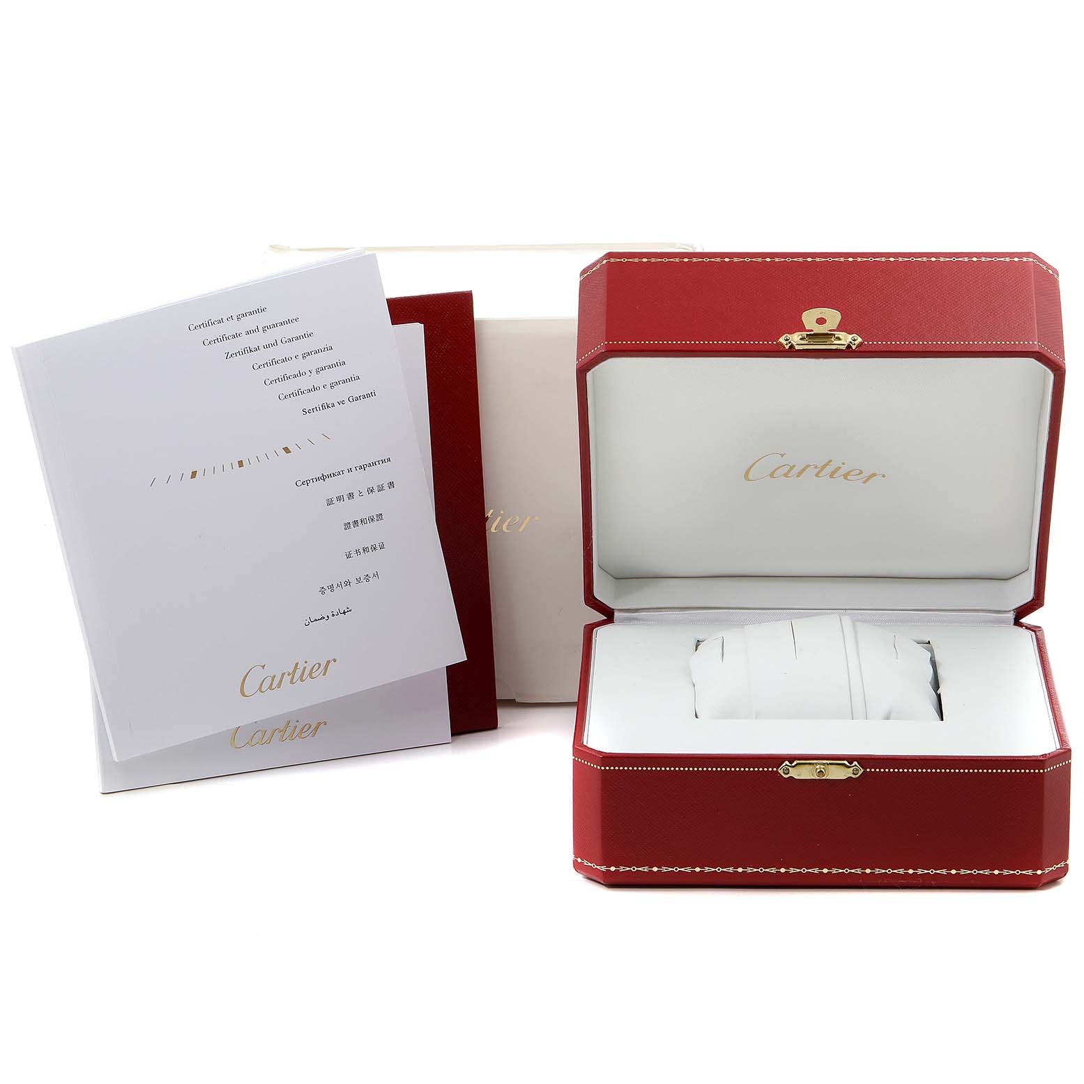The image shows the packaging and documents for the Cartier Tank Anglaise W5310019 Women's Steel and Gold (two tone) Silver Dial W5310019 Women's Steel and Gold (two tone) Silver Dial watch, including a red box and certificates.