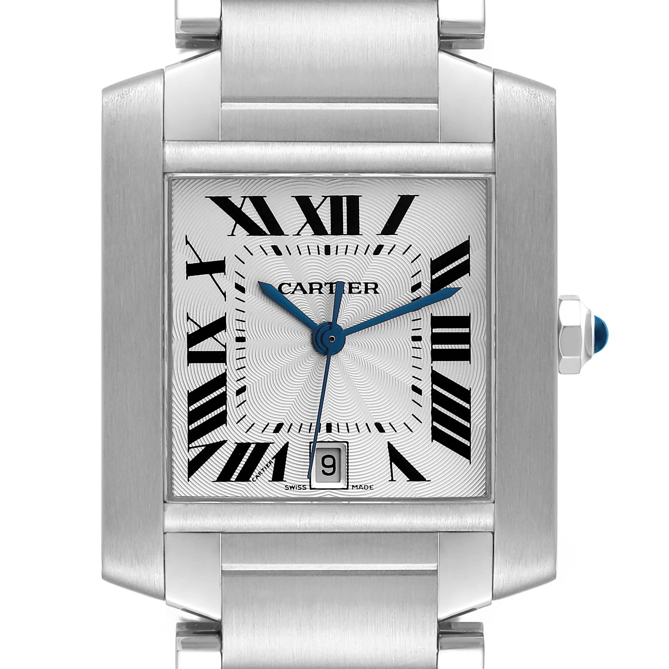 The image shows a frontal close-up view of a Cartier Tank Francaise W51002Q3 Men
s Stainless Steel Silver Dial W51002Q3 Men
s Stainless Steel Silver Dial watch, highlighting its dial, hands, and date window.