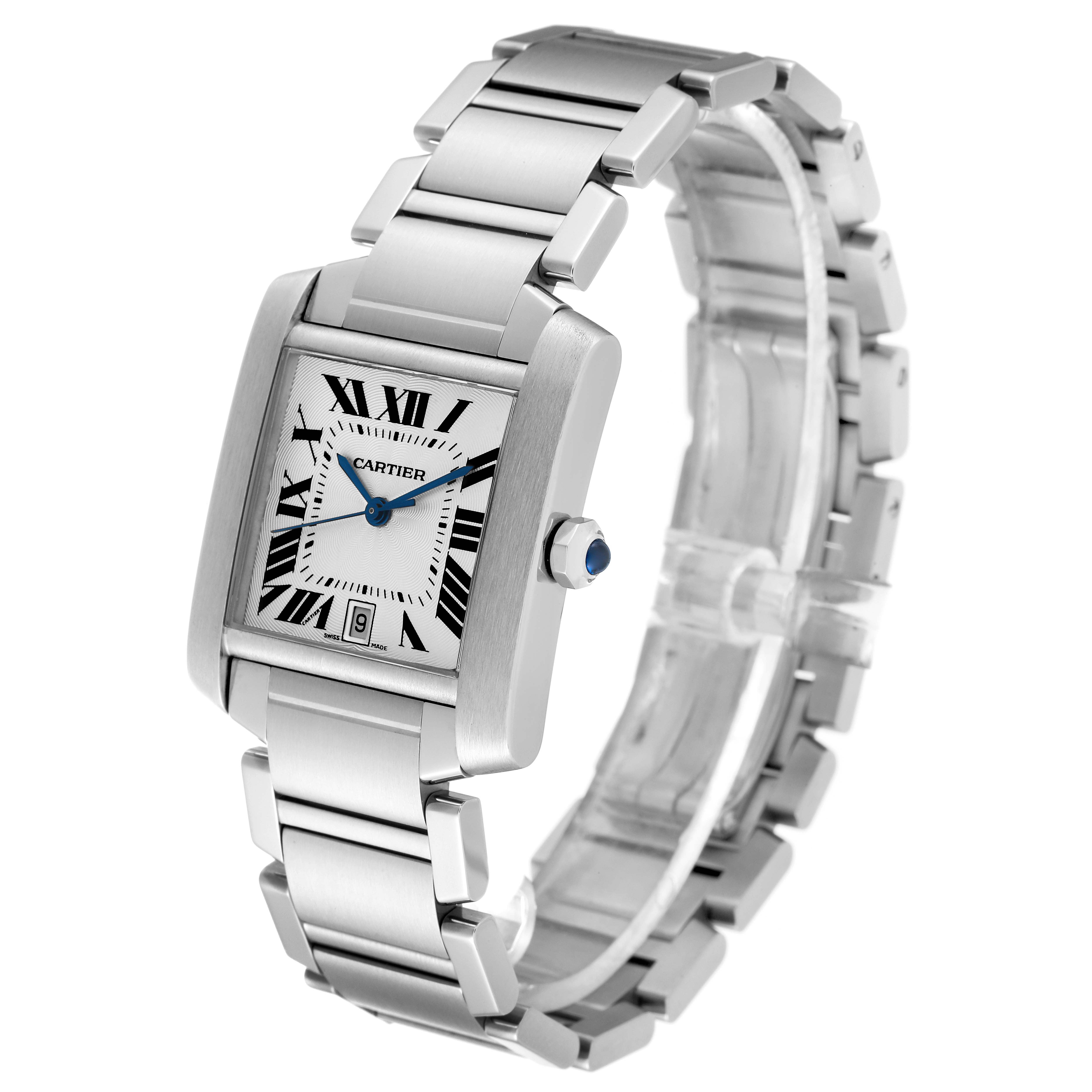 The image shows a Cartier Tank Francaise W51002Q3 Men
s Stainless Steel Silver Dial W51002Q3 Men
s Stainless Steel Silver Dial watch at a slight angled view, highlighting the face, bracelet, and crown.