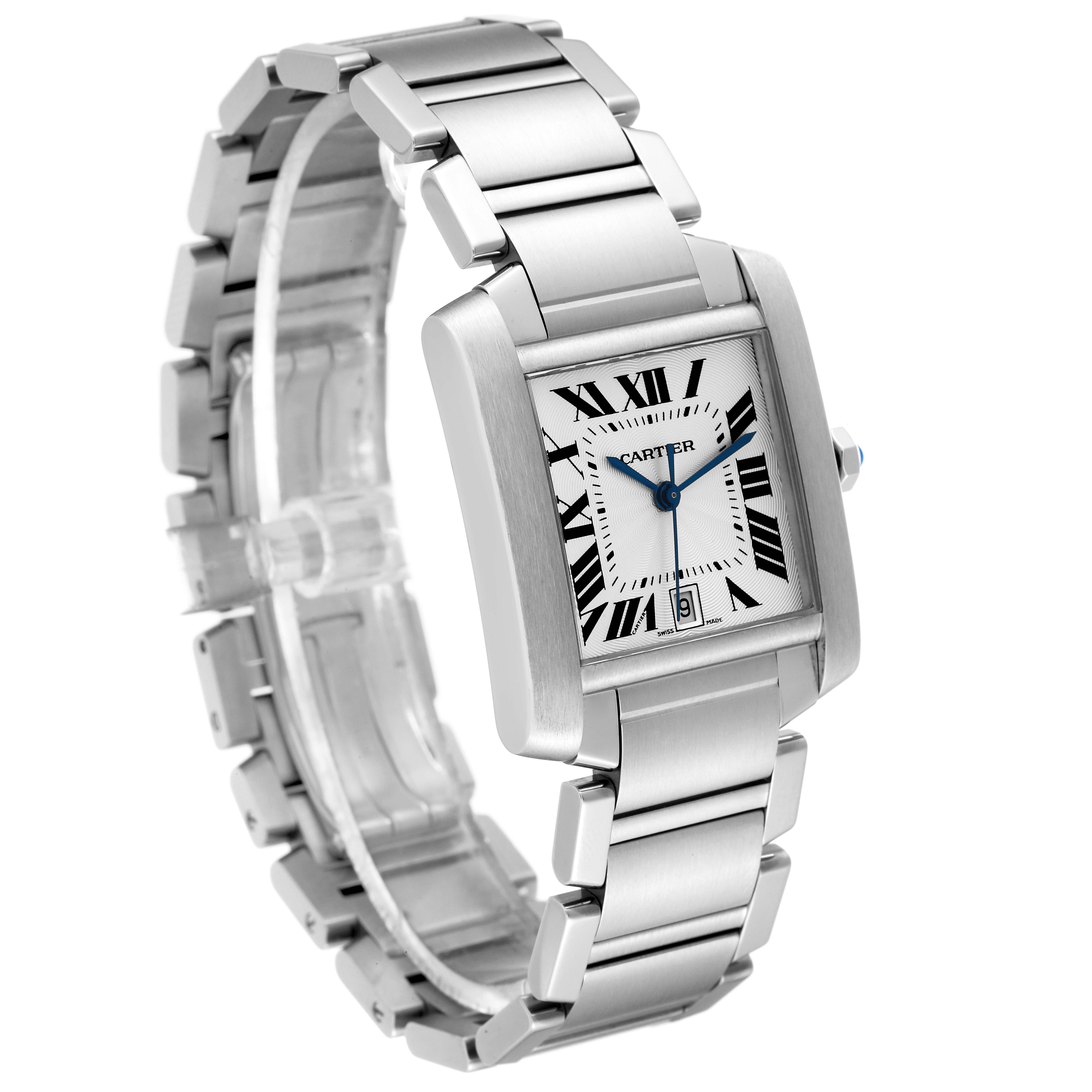 The image shows a Cartier Tank Française watch from an angled view, displaying the face, bracelet, and side profile.