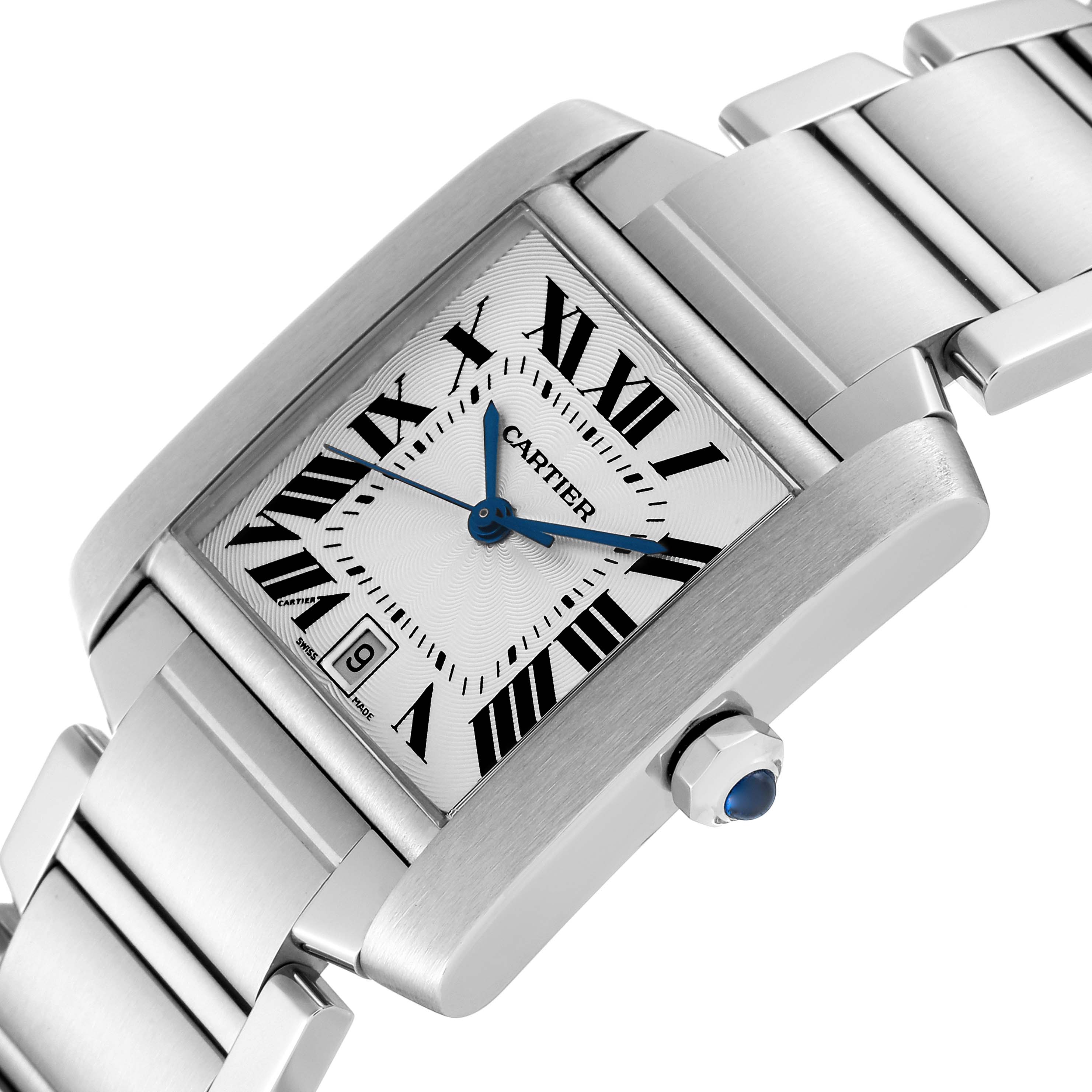 The Cartier Tank Française watch is shown from a slightly angled top view displaying the dial, bezel, and part of the bracelet.