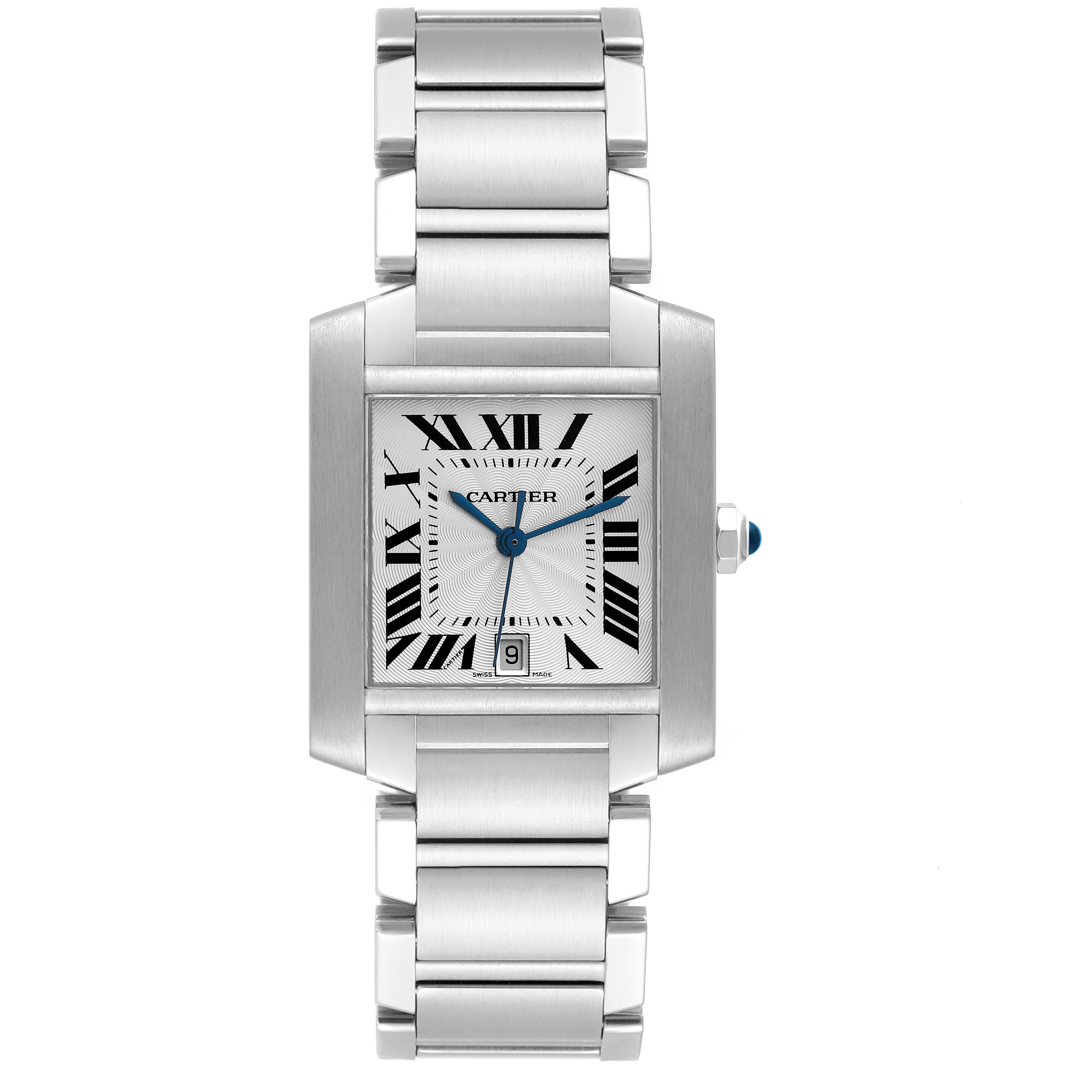 The Tank Francaise by Cartier is shown in a front view, highlighting the dial, bracelet, and crown.