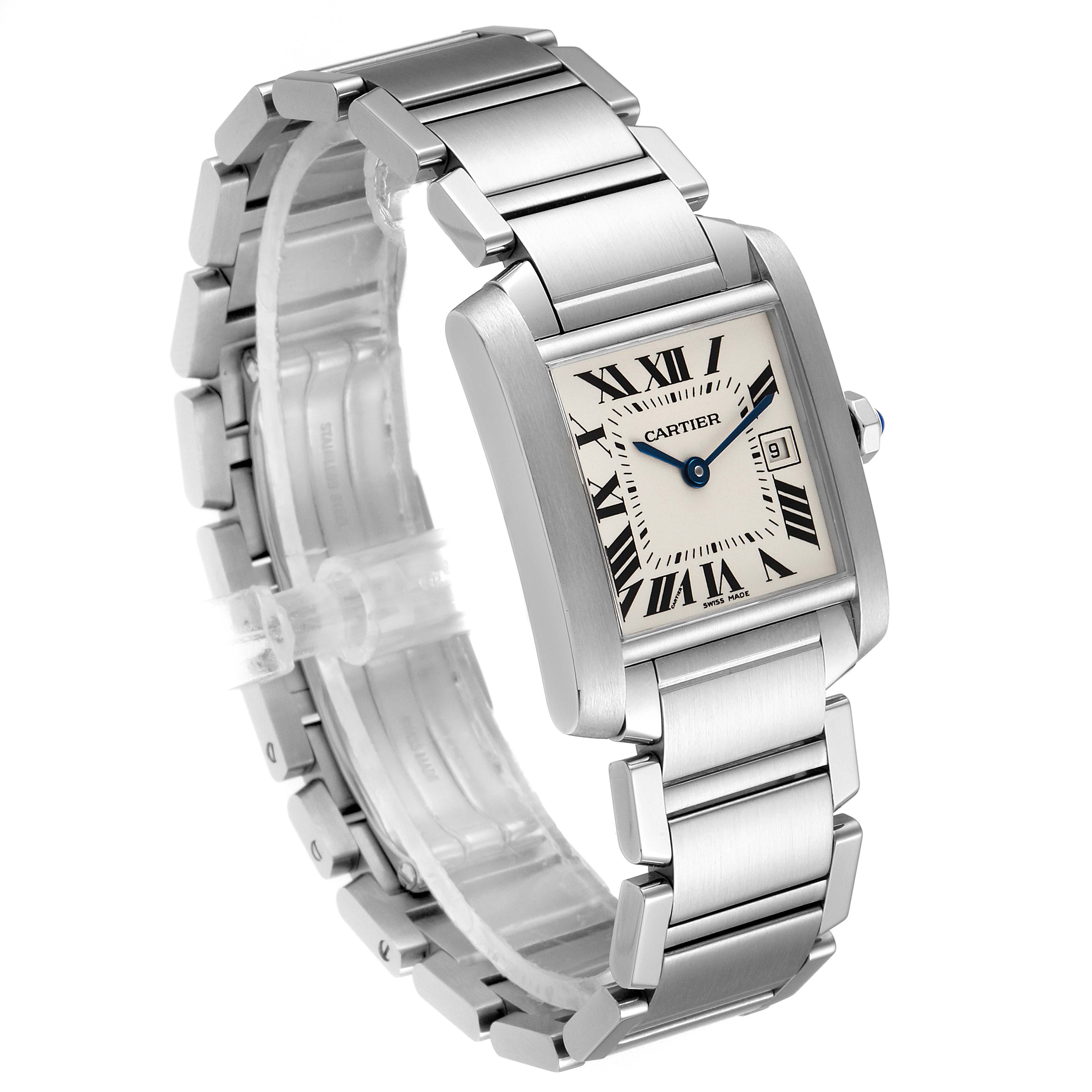 The Cartier Tank Francaise W51011Q3 Women
s Stainless Steel Silver Dial W51011Q3 Women
s Stainless Steel Silver Dial watch is shown at a slight angle, displaying its rectangular face, Roman numerals, and metal bracelet.