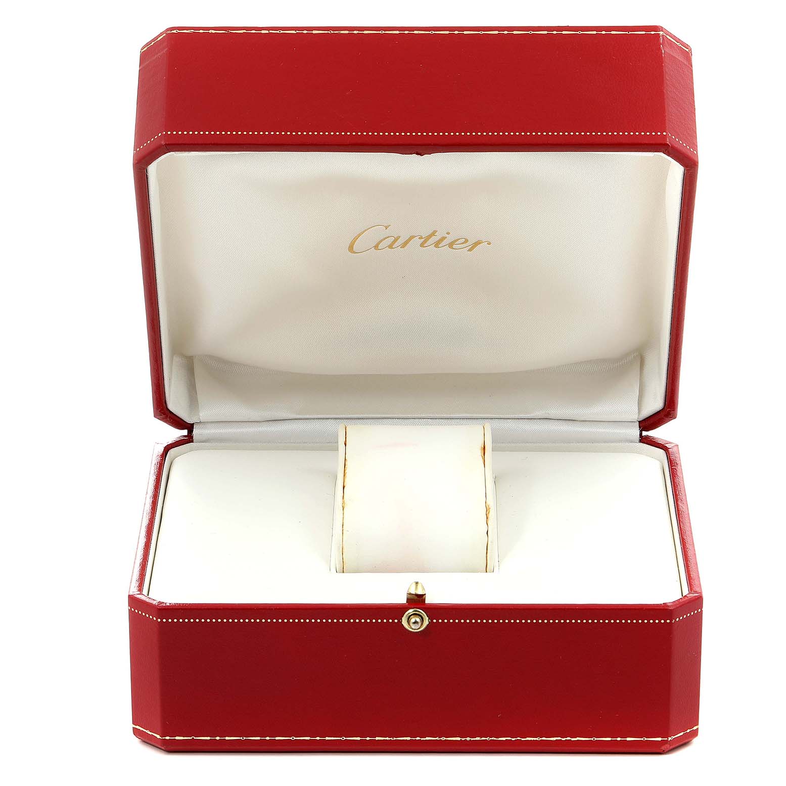 The image shows an open red box for a Cartier Tank Francaise W51011Q3 Women
s Stainless Steel Silver Dial W51011Q3 Women
s Stainless Steel Silver Dial watch, with no watch inside.