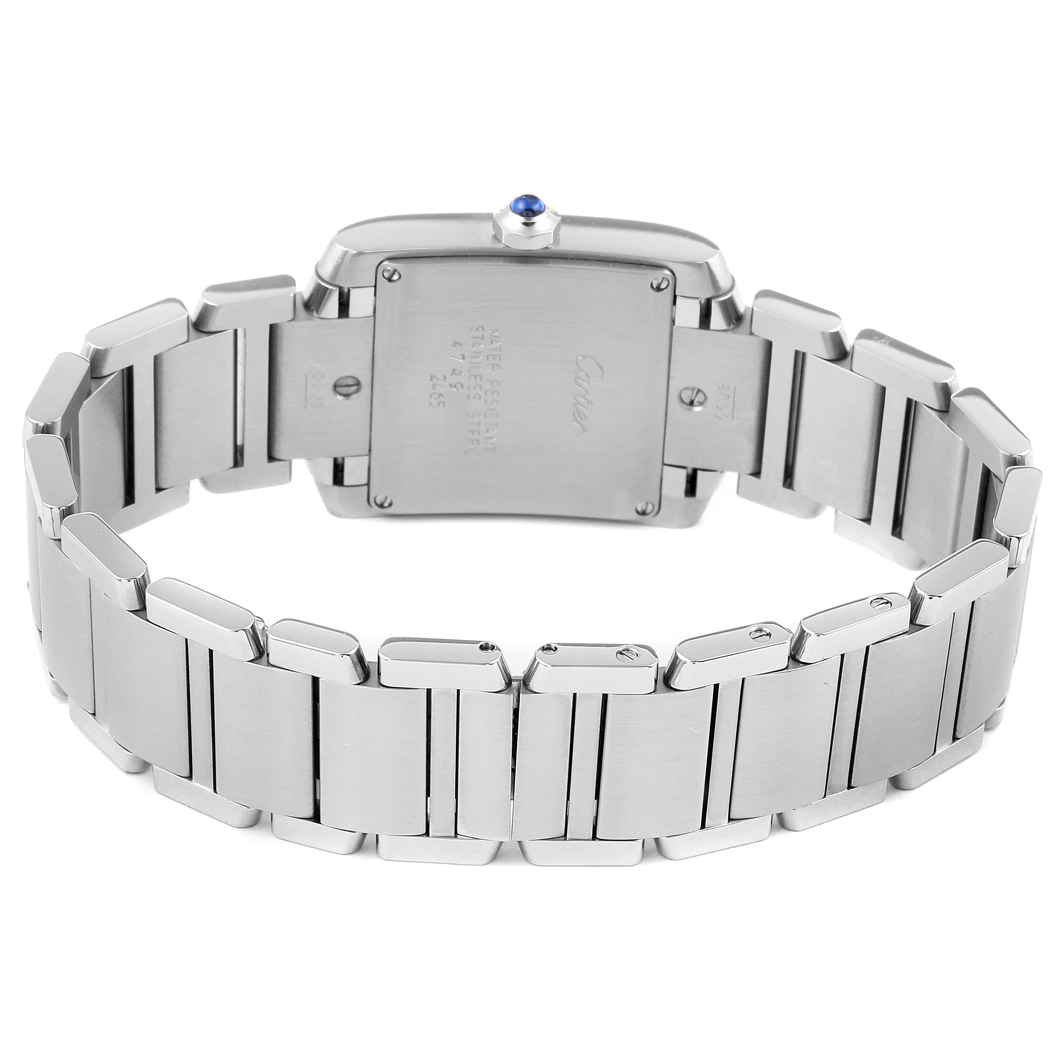 The image shows the back and bracelet of a Cartier Tank Francaise W51011Q3 Women
s Stainless Steel Silver Dial W51011Q3 Women
s Stainless Steel Silver Dial watch, viewed from the rear.