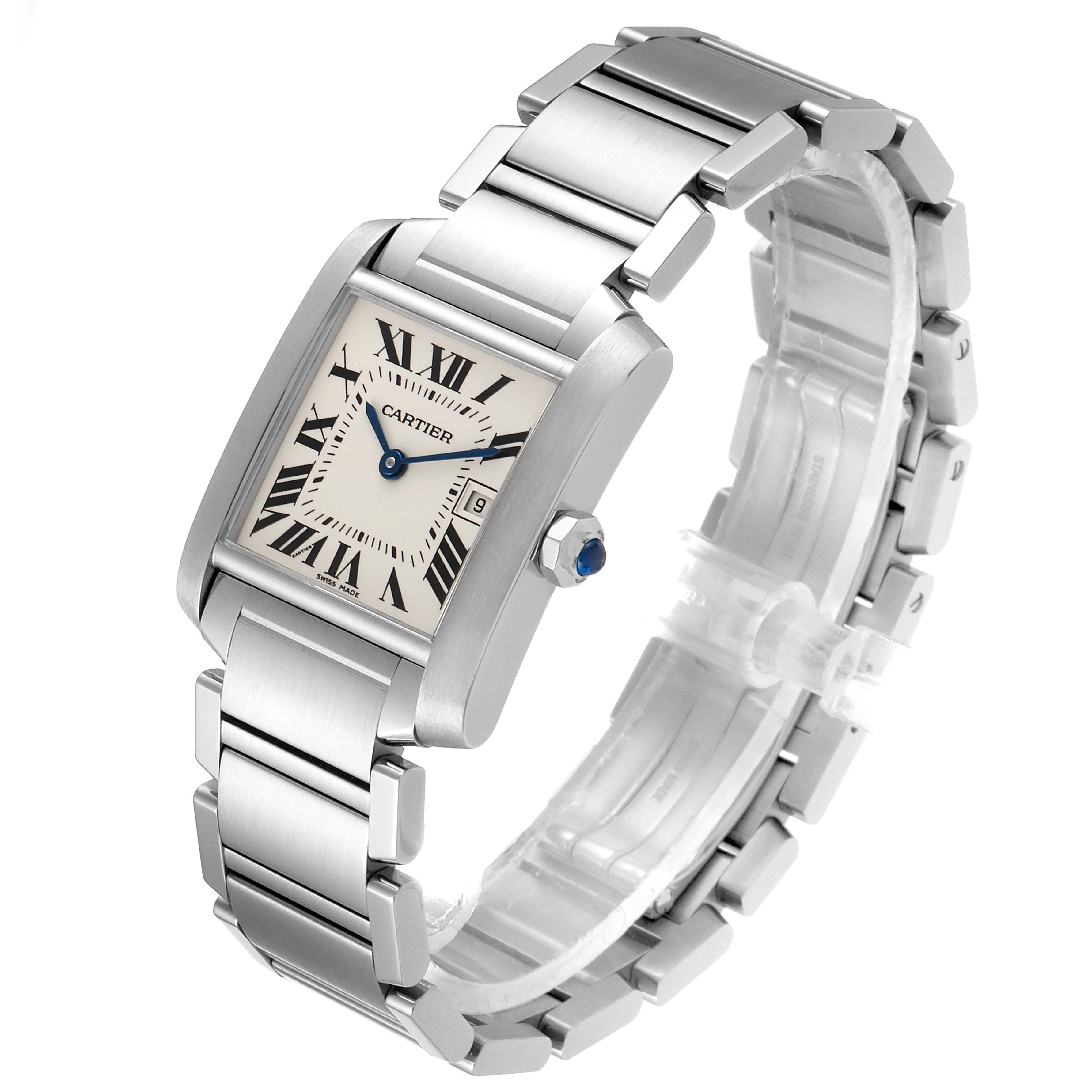 This image shows a Cartier Tank Francaise W51011Q3 Women
s Stainless Steel Silver Dial W51011Q3 Women
s Stainless Steel Silver Dial watch from an angled top-front view, displaying the face, bracelet, and crown.