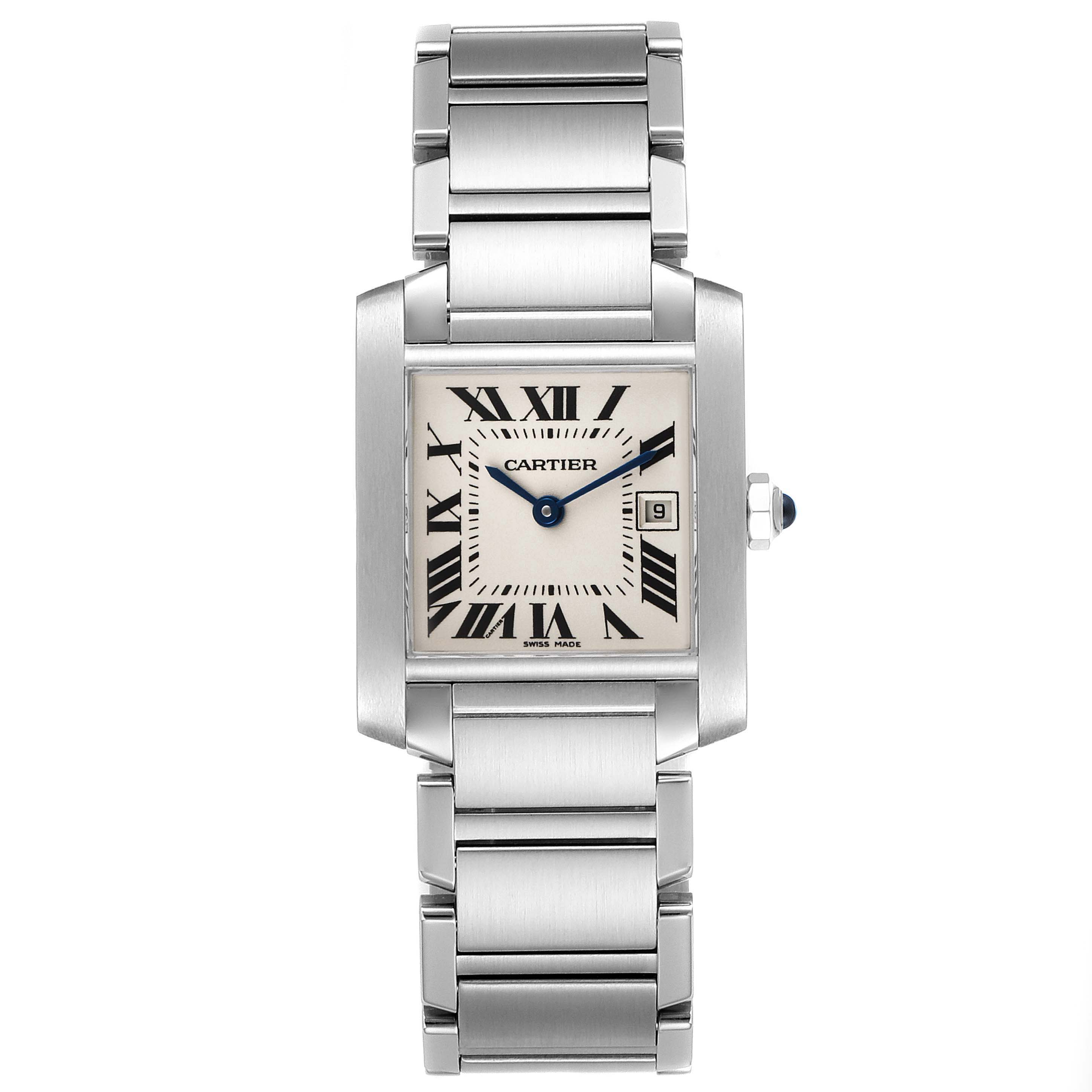 The image shows a straight-on view of the Cartier Tank Francaise W51011Q3 Women
s Stainless Steel Silver Dial W51011Q3 Women
s Stainless Steel Silver Dial watch, featuring its rectangular face and metal bracelet.