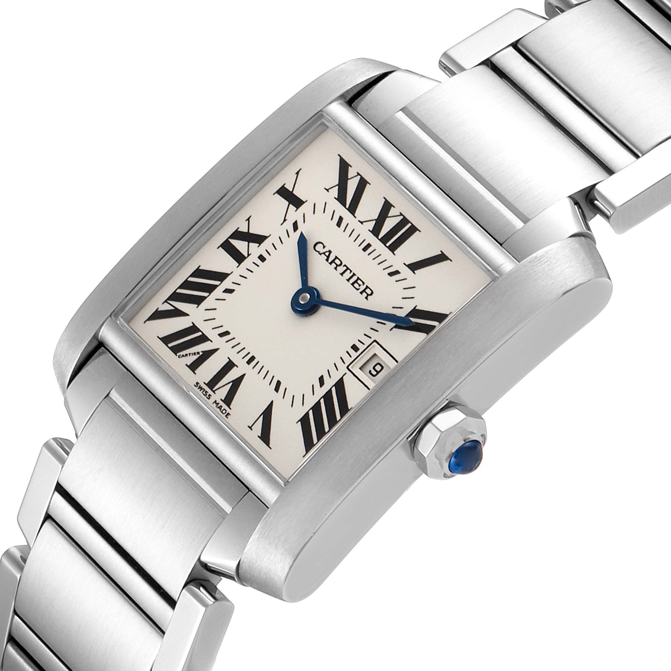 This image shows a close-up angle of the Cartier Tank Francaise W51011Q3 Women
s Stainless Steel Silver Dial W51011Q3 Women
s Stainless Steel Silver Dial watch, highlighting the dial, crown, and partially the bracelet.