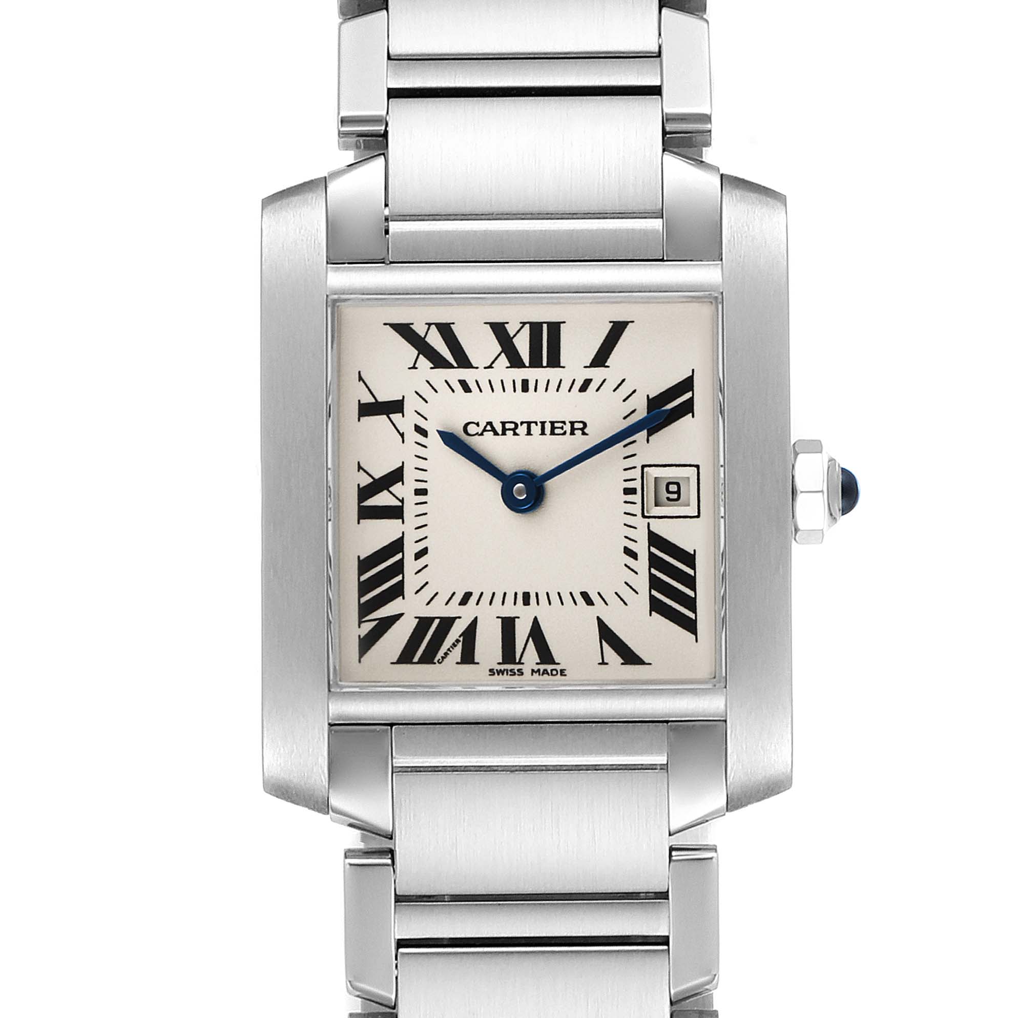 This image shows a front view of the Cartier Tank Francaise W51011Q3 Women
s Stainless Steel Silver Dial W51011Q3 Women
s Stainless Steel Silver Dial watch, highlighting its rectangular face, Roman numerals, and metal bracelet.