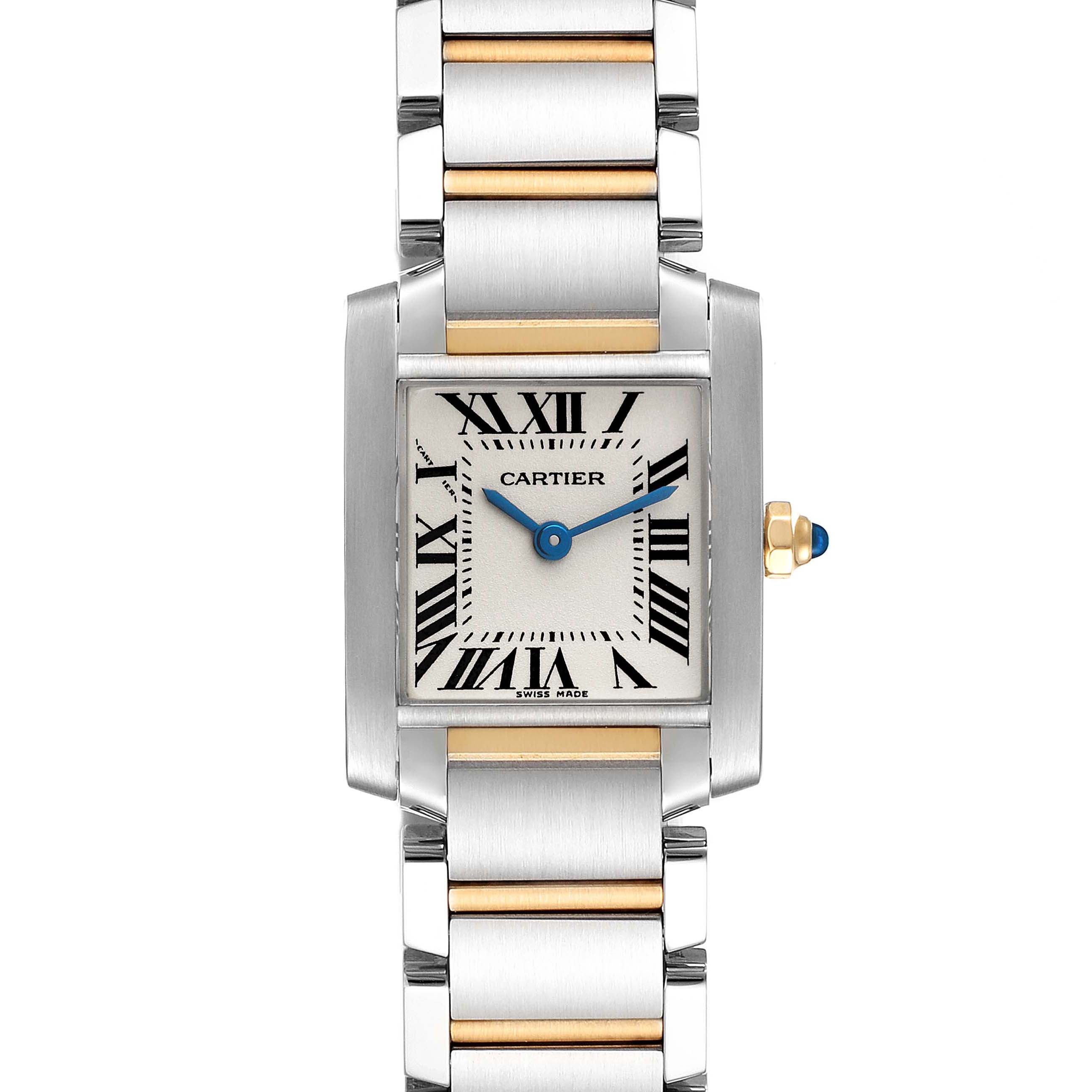 This image shows a front view of the Cartier Tank Française watch, highlighting its rectangular case, Roman numeral dial, and metal bracelet.