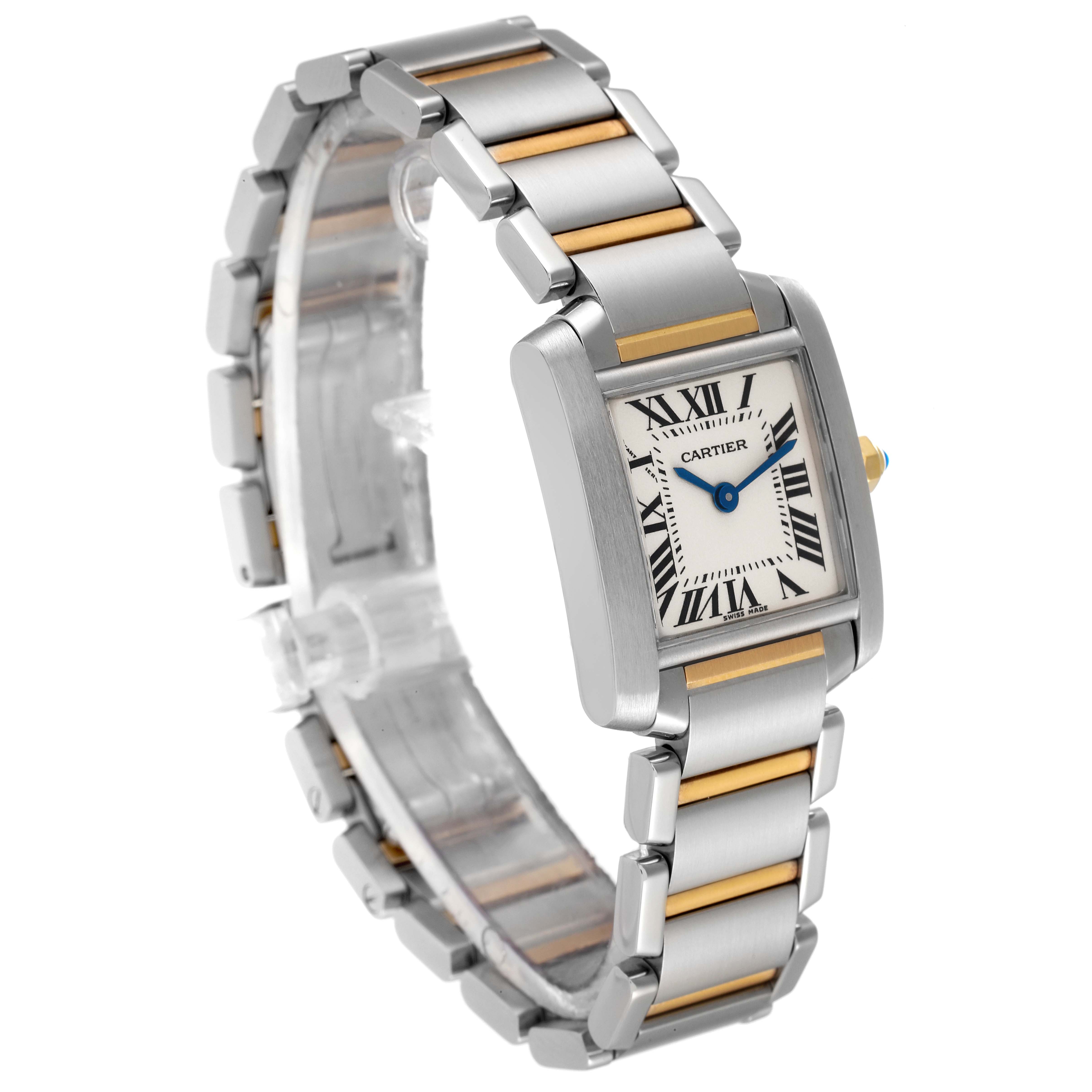 This image shows a Cartier Tank Française watch viewed at an angle from the side, featuring its stainless steel and gold bracelet and square face.